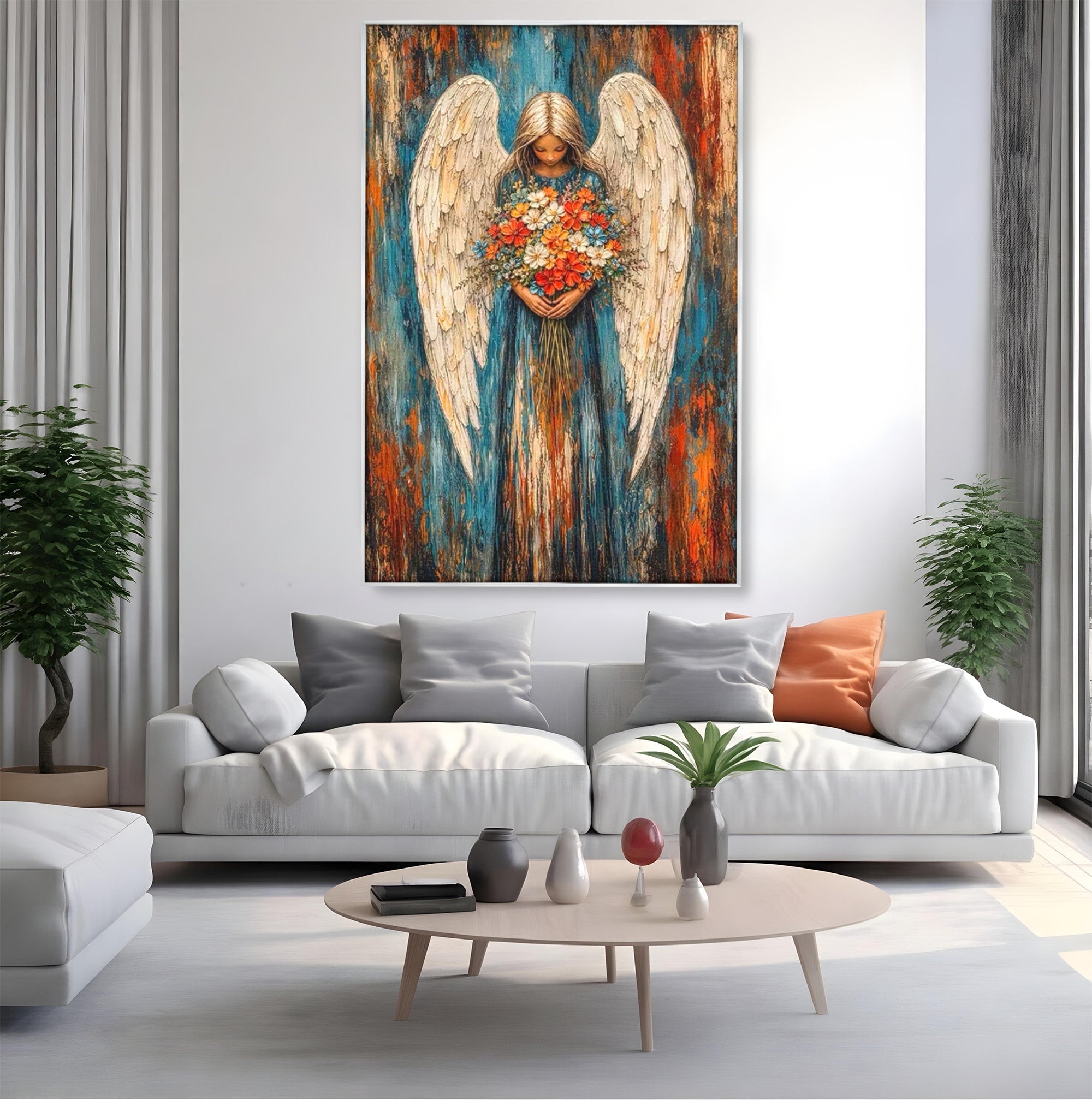 Tablou Canvas Premium LuxCanva® PI1095, Inger Cu Flori, Aripi, Rugaciune, Spiritualitate, Arta, Dormitor, Culori Vibrante
