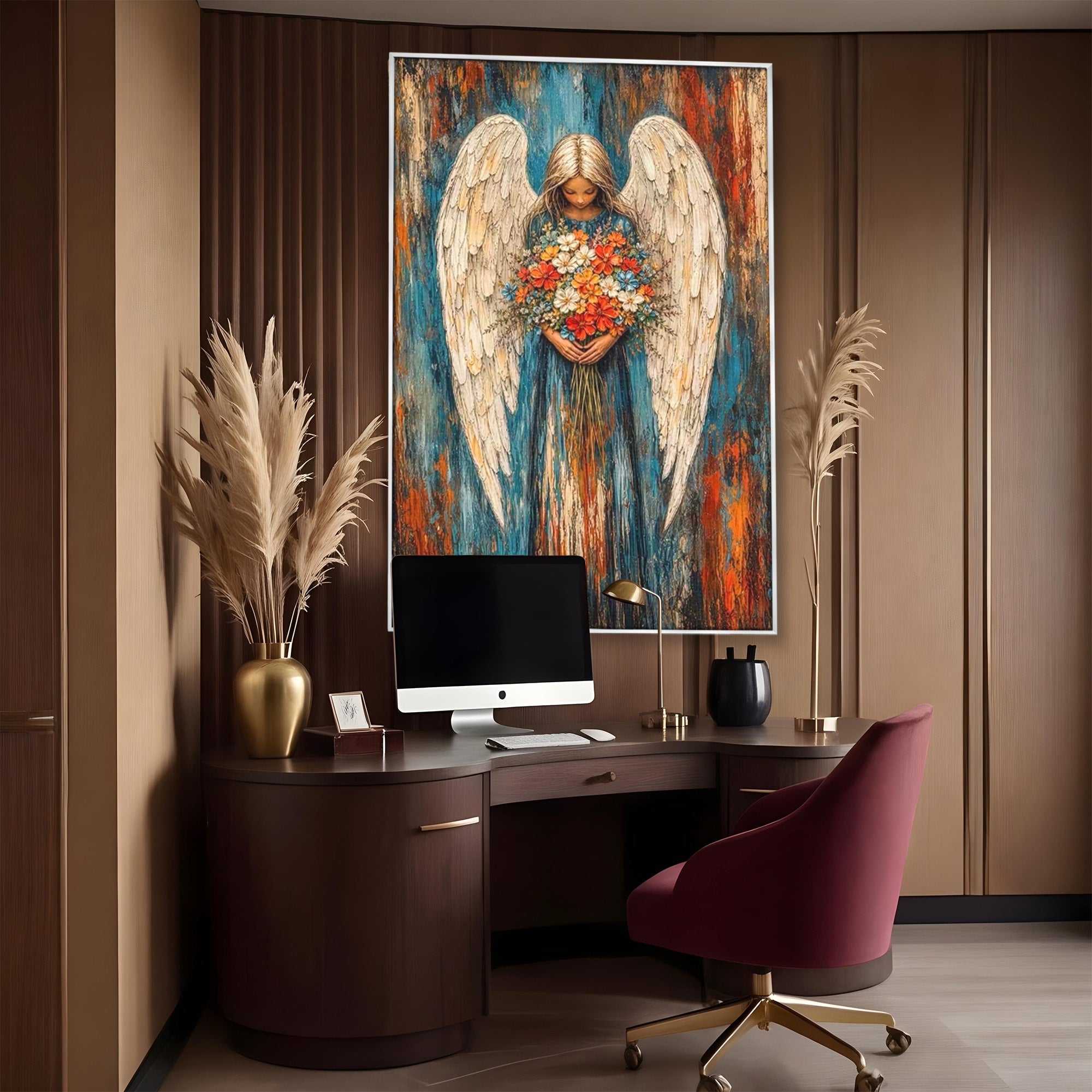 Tablou Canvas Premium LuxCanva® PI1095, Inger Cu Flori, Aripi, Rugaciune, Spiritualitate, Arta, Dormitor, Culori Vibrante