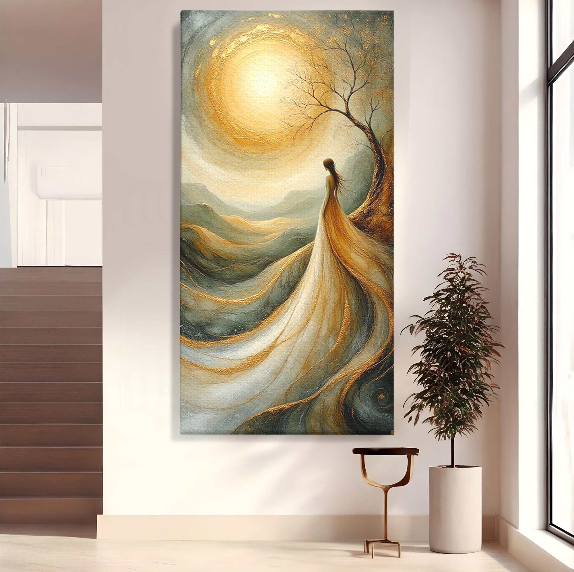 Tablou Canvas Premium LuxCanva® PI1096, Fata Si Soarele, Apus, Peisaj, Soare, Visator, Dormitor, Culori Vibrante
