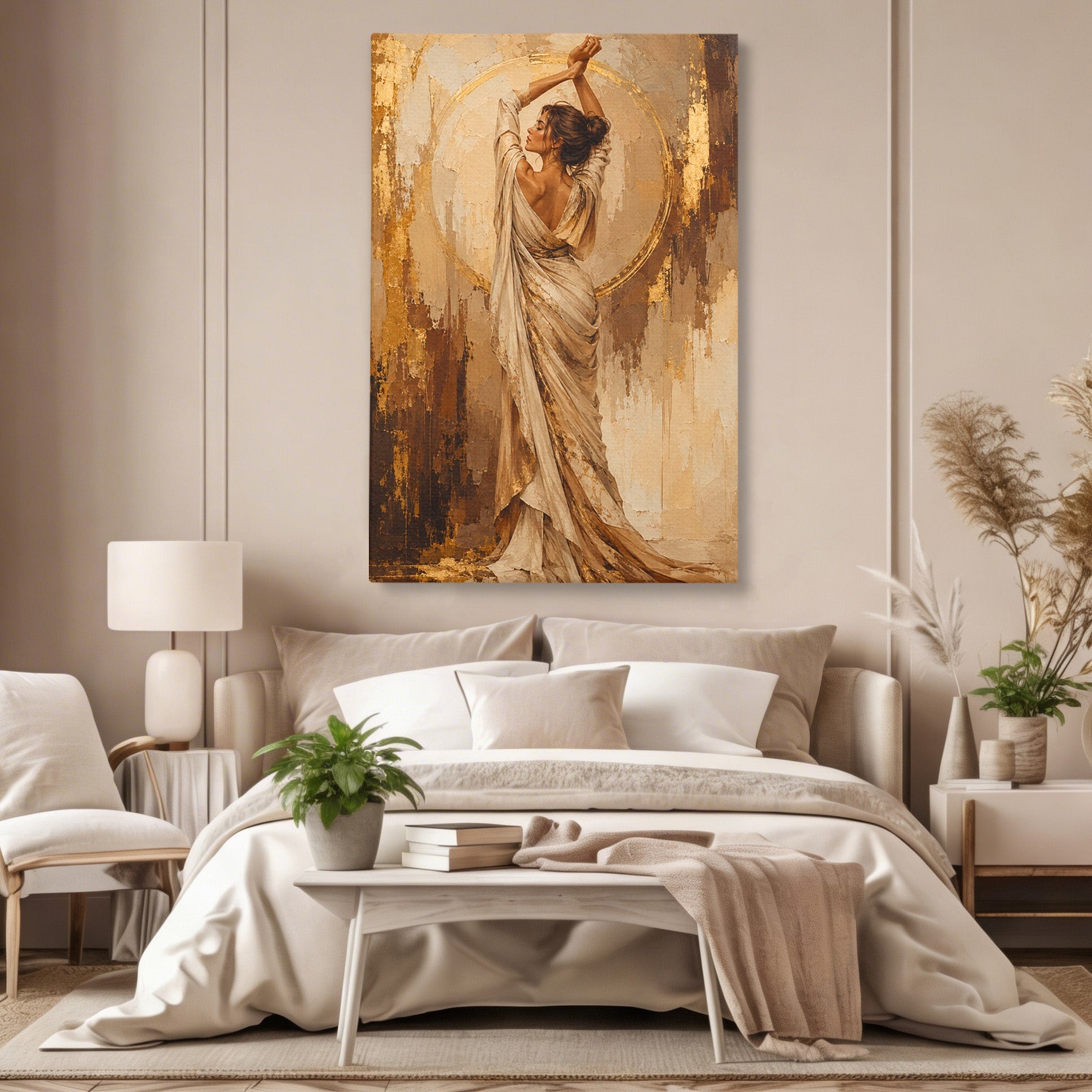 Tablou Canvas Premium LuxCanva® PI1097, Dansul Auriu, Femeie, Armonie, Eleganta, Arta, Living, Dormitor, Culori Vibrante