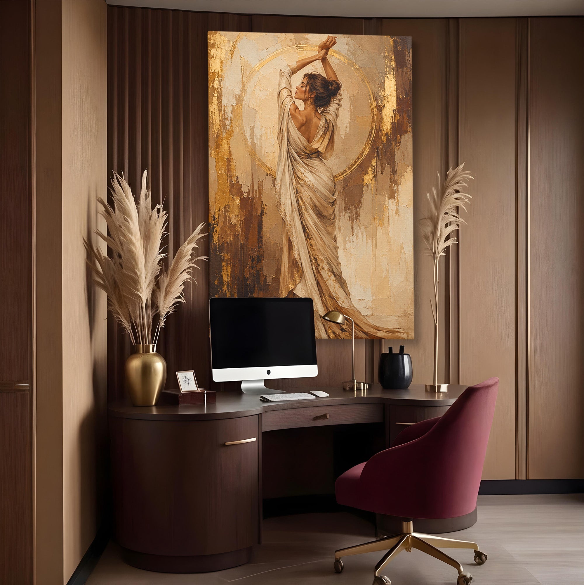 Tablou Canvas Premium LuxCanva® PI1097, Dansul Auriu, Femeie, Armonie, Eleganta, Arta, Living, Dormitor, Culori Vibrante
