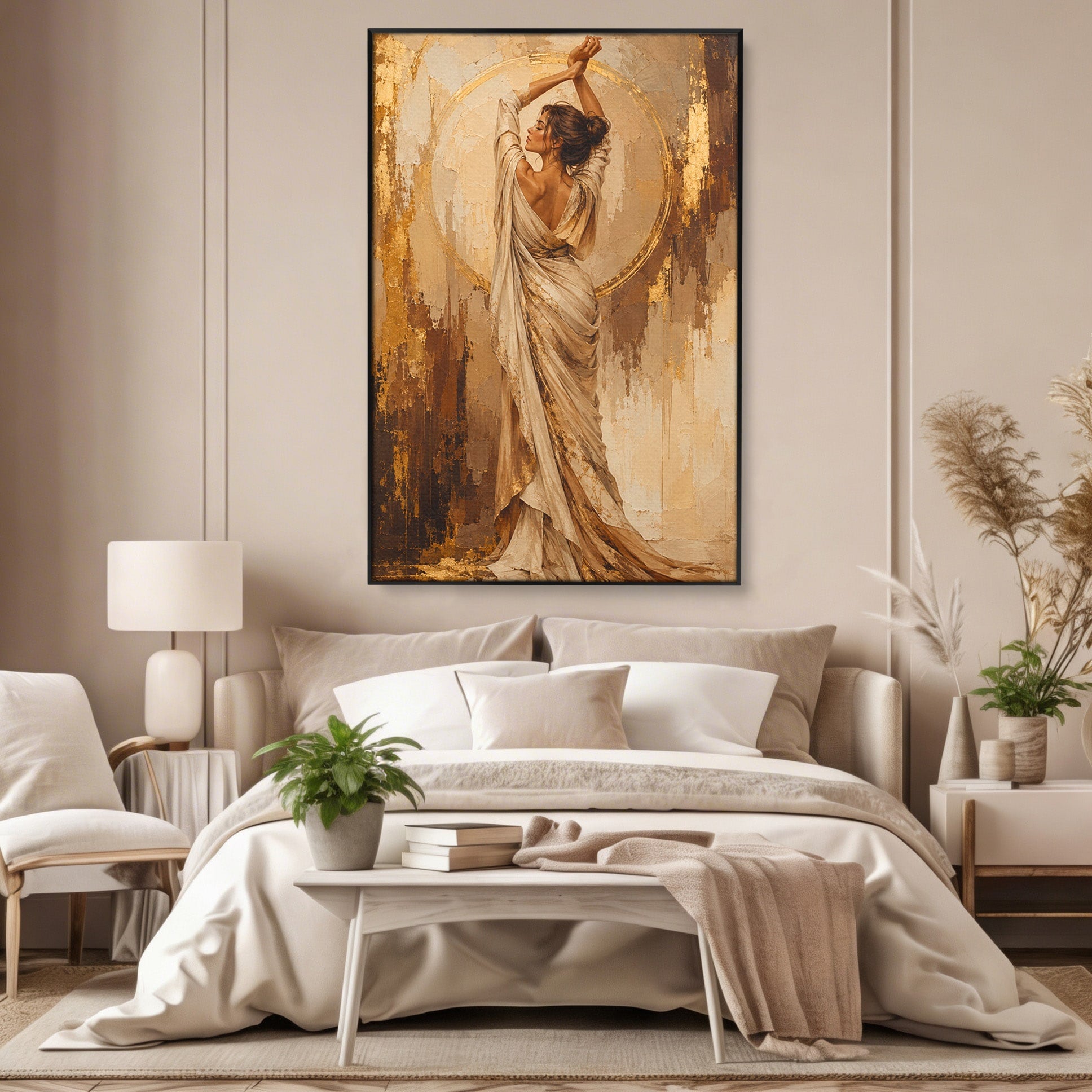 Tablou Canvas Premium LuxCanva® PI1097, Dansul Auriu, Femeie, Armonie, Eleganta, Arta, Living, Dormitor, Culori Vibrante