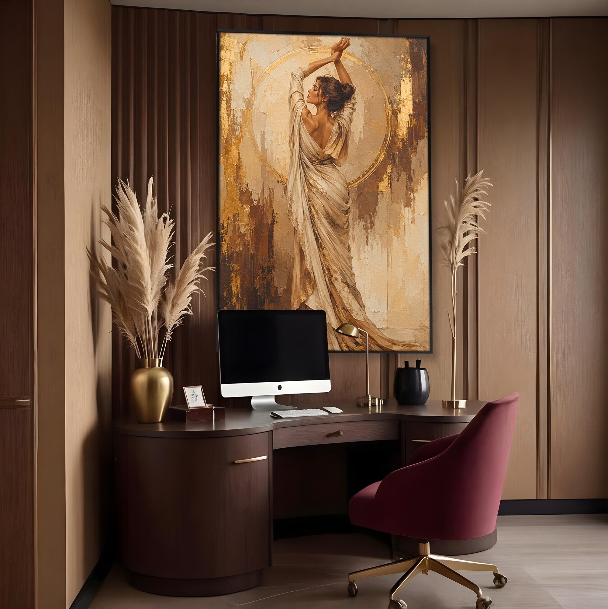Tablou Canvas Premium LuxCanva® PI1097, Dansul Auriu, Femeie, Armonie, Eleganta, Arta, Living, Dormitor, Culori Vibrante