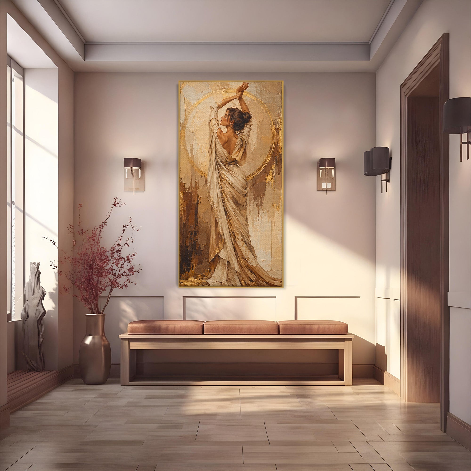 Tablou Canvas Premium LuxCanva® PI1097, Dansul Auriu, Femeie, Armonie, Eleganta, Arta, Living, Dormitor, Culori Vibrante