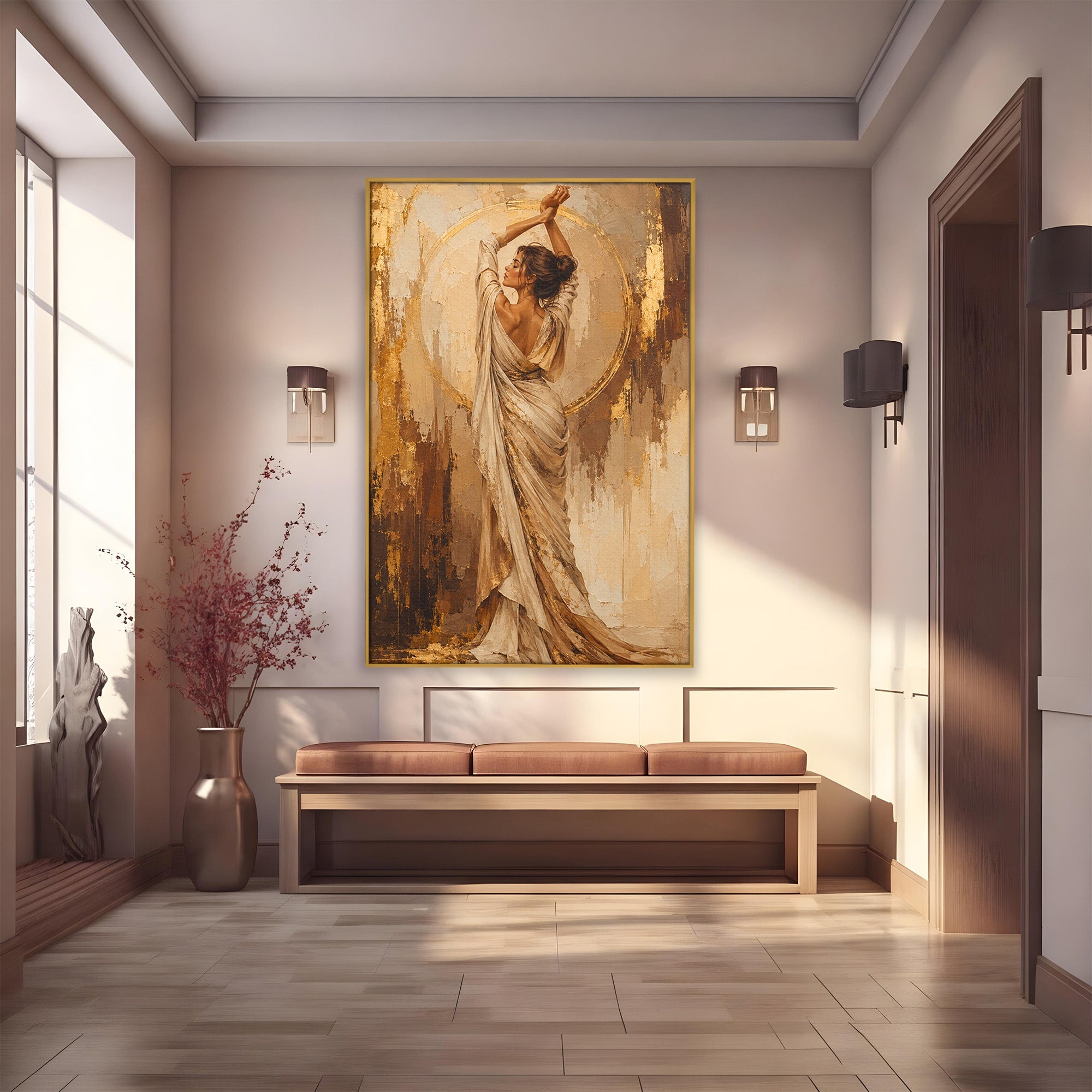 Tablou Canvas Premium LuxCanva® PI1097, Dansul Auriu, Femeie, Armonie, Eleganta, Arta, Living, Dormitor, Culori Vibrante