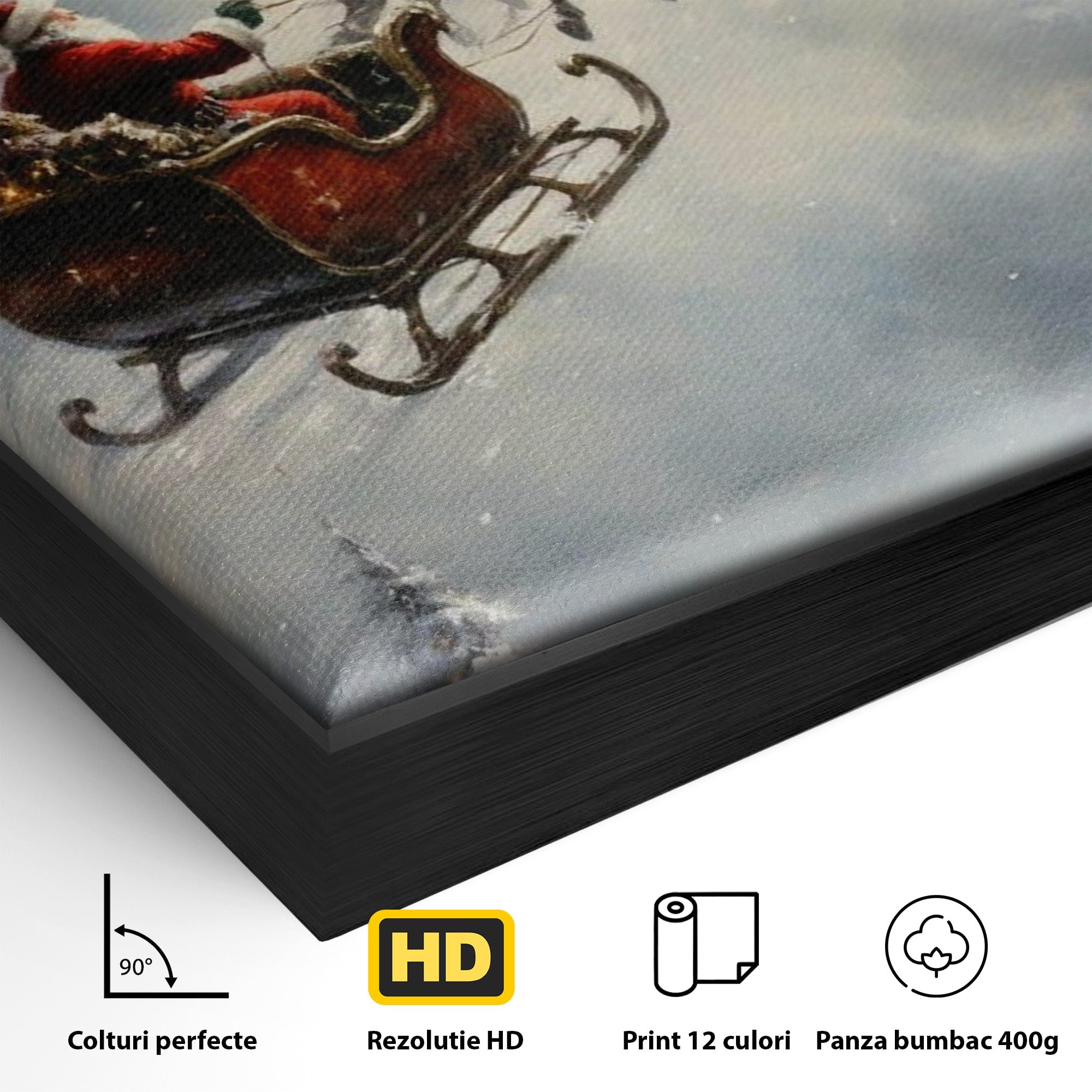 Tablou Canvas Premium LuxCanva® PI1100, Mos Craciun pe Sanie, Daruri, Ajun, Sanie, Reni, Iarna, Peisaj, Living, Sarbatori, Culori Vibrante