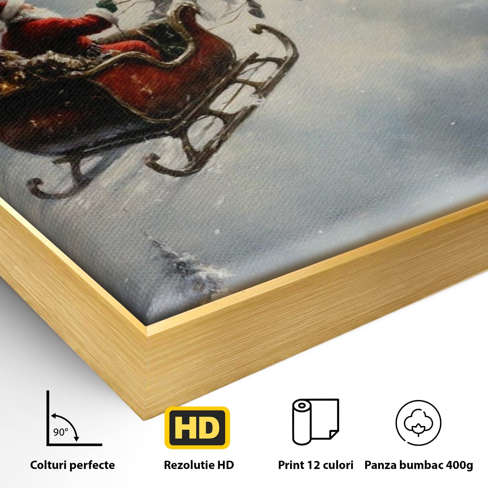 Tablou Canvas Premium LuxCanva® PI1100, Mos Craciun pe Sanie, Daruri, Ajun, Sanie, Reni, Iarna, Peisaj, Living, Sarbatori, Culori Vibrante