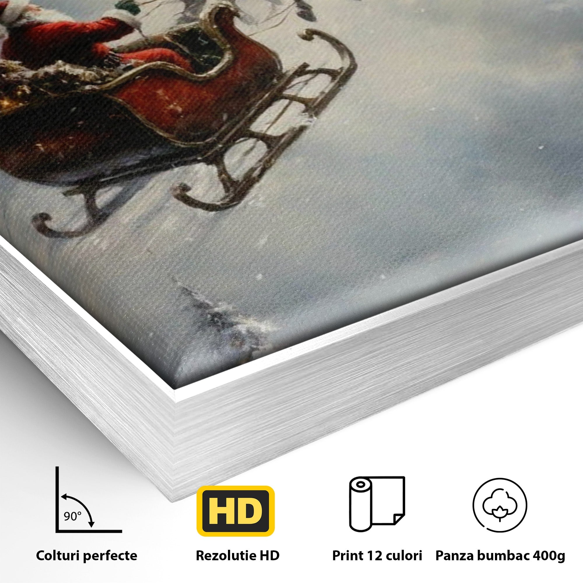 Tablou Canvas Premium LuxCanva® PI1100, Mos Craciun pe Sanie, Daruri, Ajun, Sanie, Reni, Iarna, Peisaj, Living, Sarbatori, Culori Vibrante