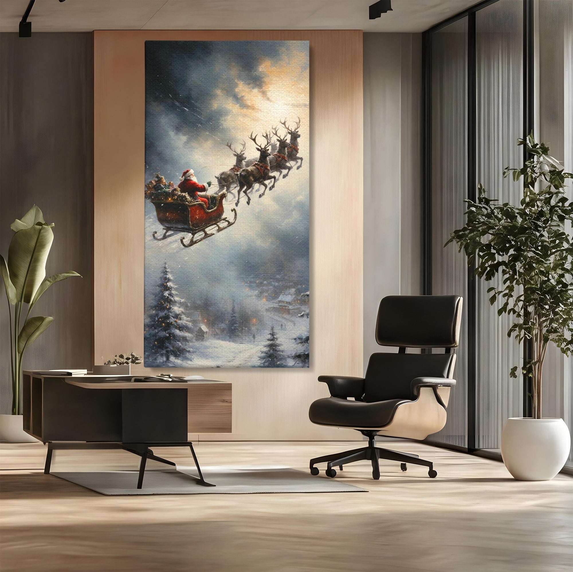 Tablou Canvas Premium LuxCanva® PI1100, Mos Craciun pe Sanie, Daruri, Ajun, Sanie, Reni, Iarna, Peisaj, Living, Sarbatori, Culori Vibrante