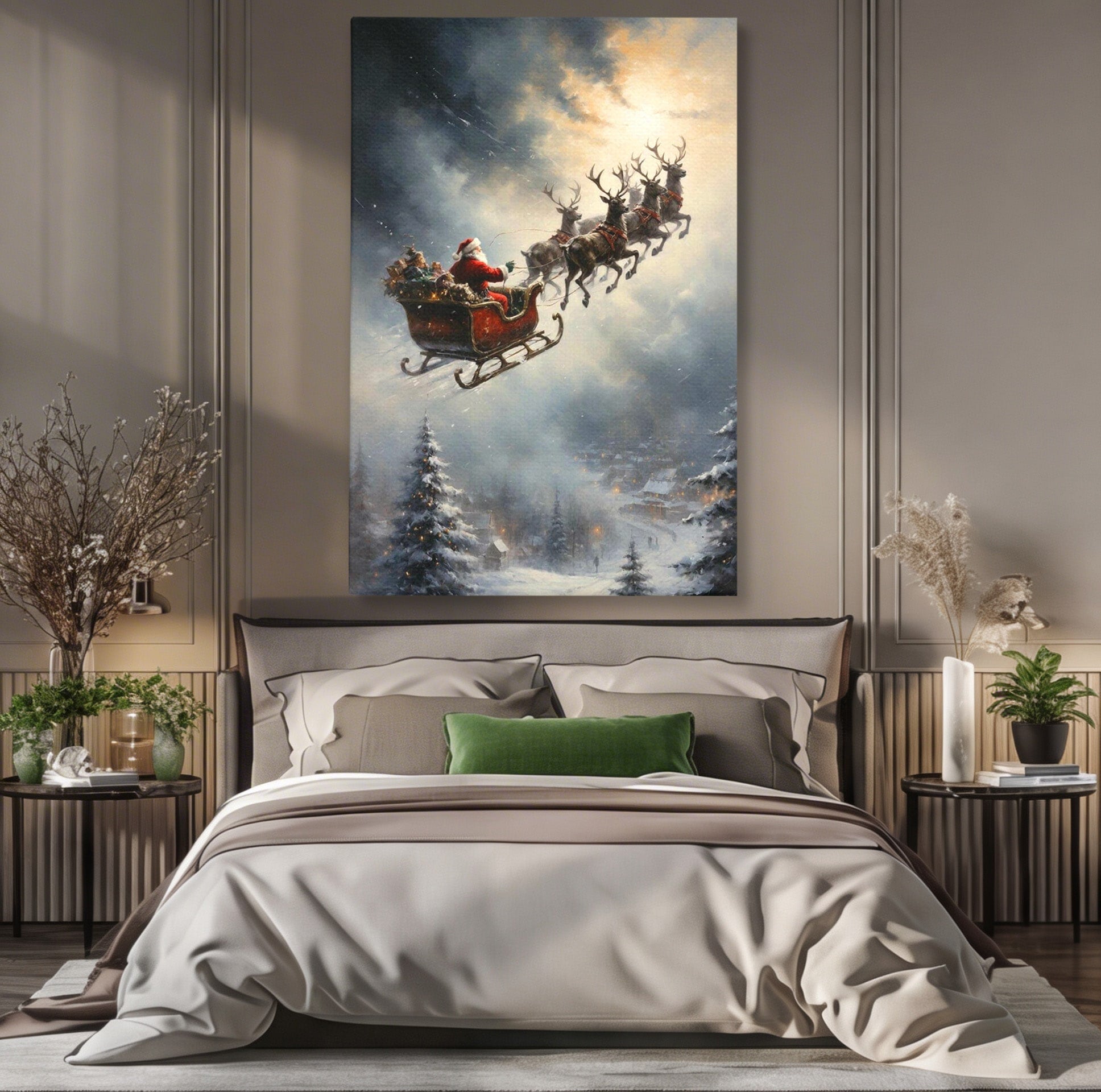 Tablou Canvas Premium LuxCanva® PI1100, Mos Craciun pe Sanie, Daruri, Ajun, Sanie, Reni, Iarna, Peisaj, Living, Sarbatori, Culori Vibrante