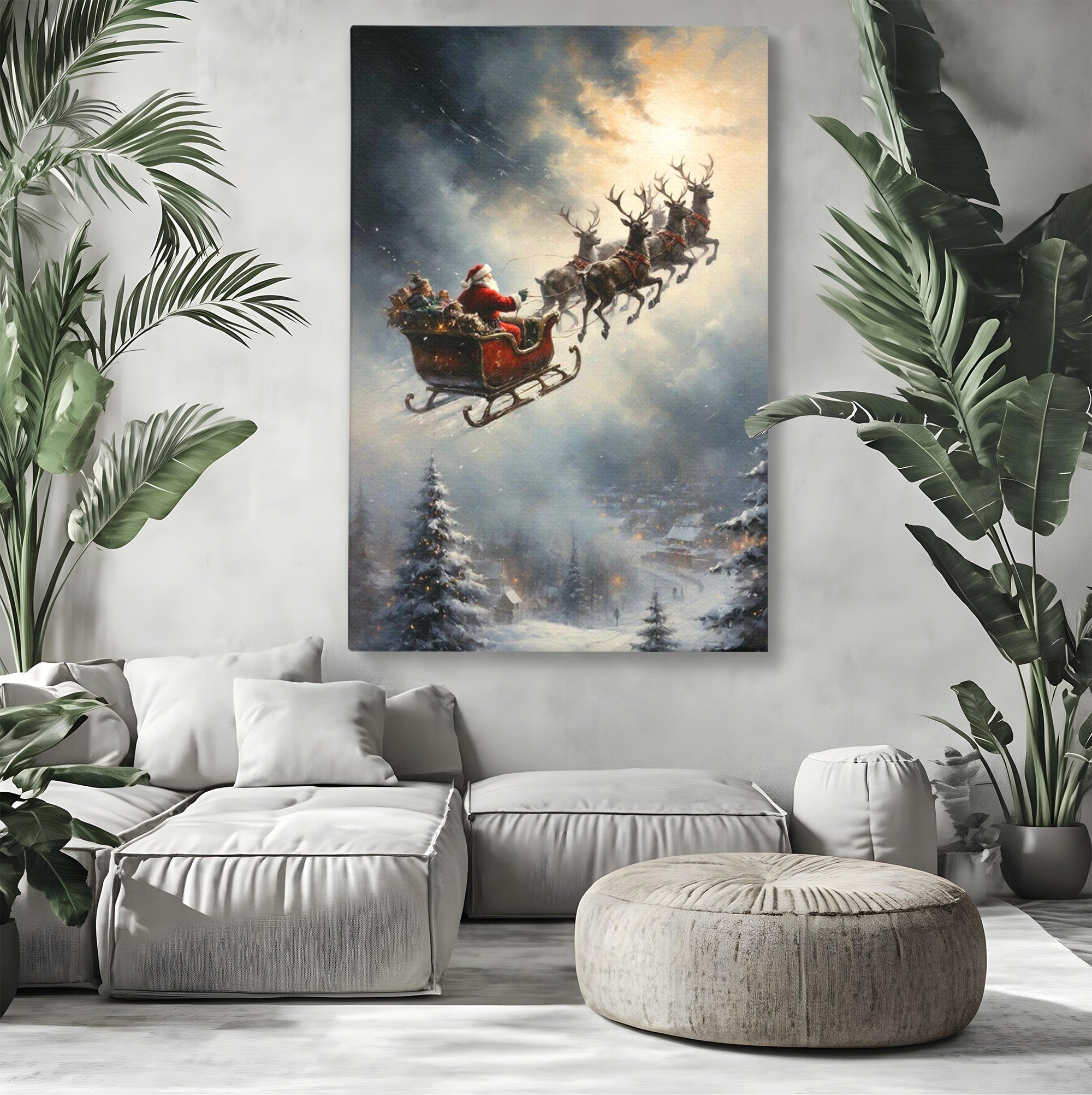 Tablou Canvas Premium LuxCanva® PI1100, Mos Craciun pe Sanie, Daruri, Ajun, Sanie, Reni, Iarna, Peisaj, Living, Sarbatori, Culori Vibrante
