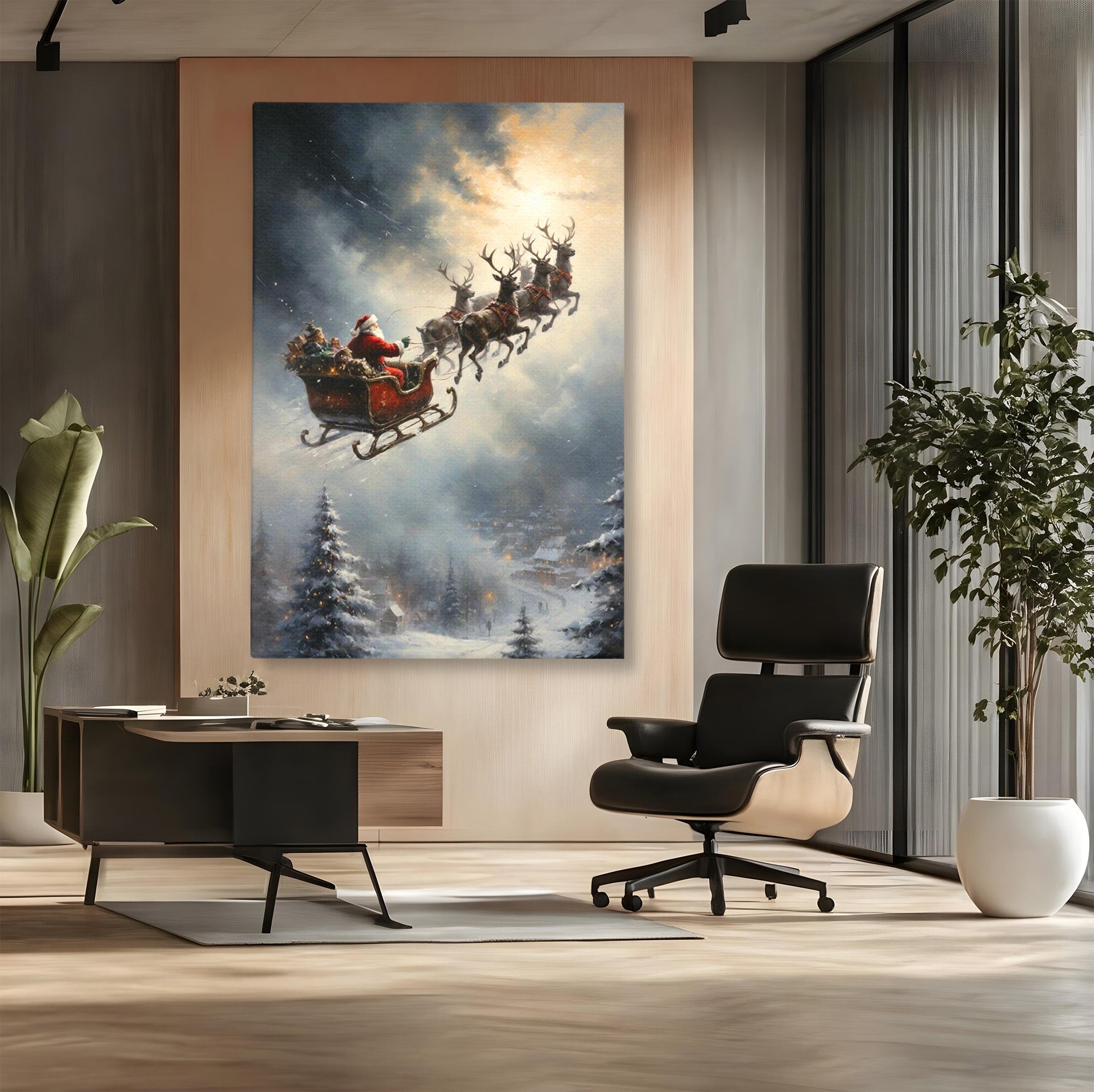 Tablou Canvas Premium LuxCanva® PI1100, Mos Craciun pe Sanie, Daruri, Ajun, Sanie, Reni, Iarna, Peisaj, Living, Sarbatori, Culori Vibrante
