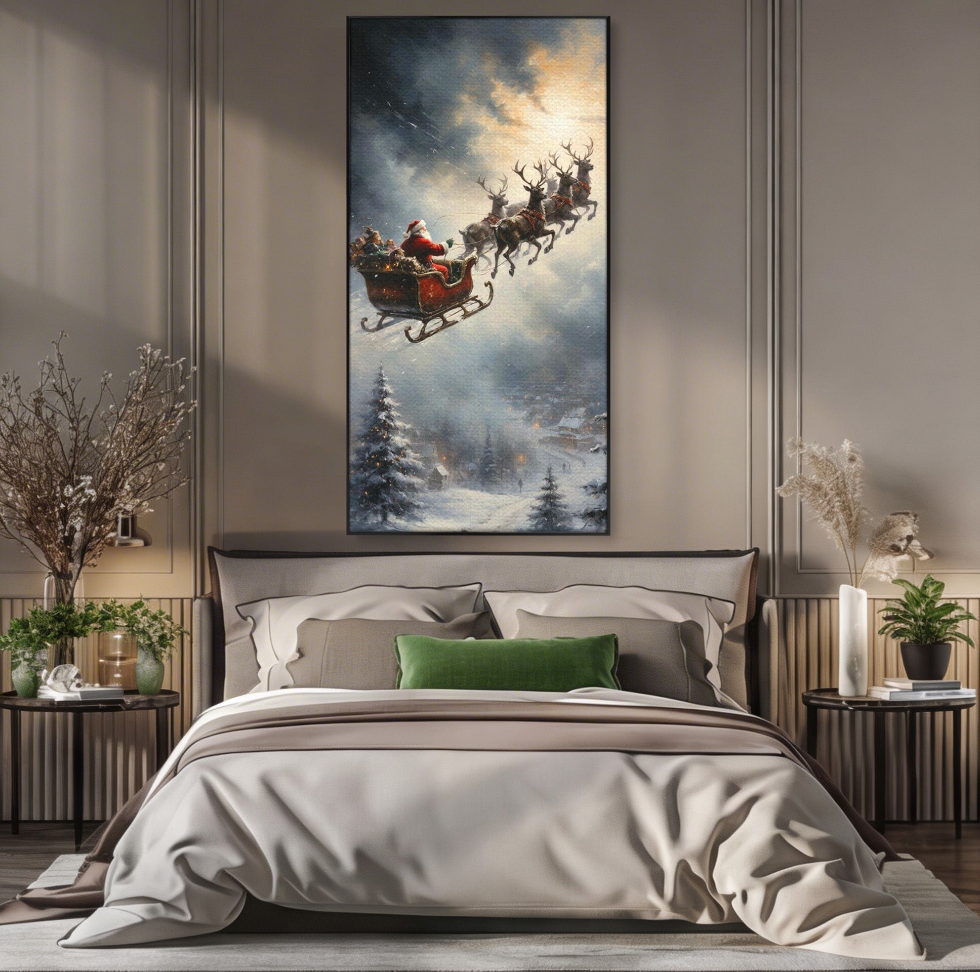 Tablou Canvas Premium LuxCanva® PI1100, Mos Craciun pe Sanie, Daruri, Ajun, Sanie, Reni, Iarna, Peisaj, Living, Sarbatori, Culori Vibrante