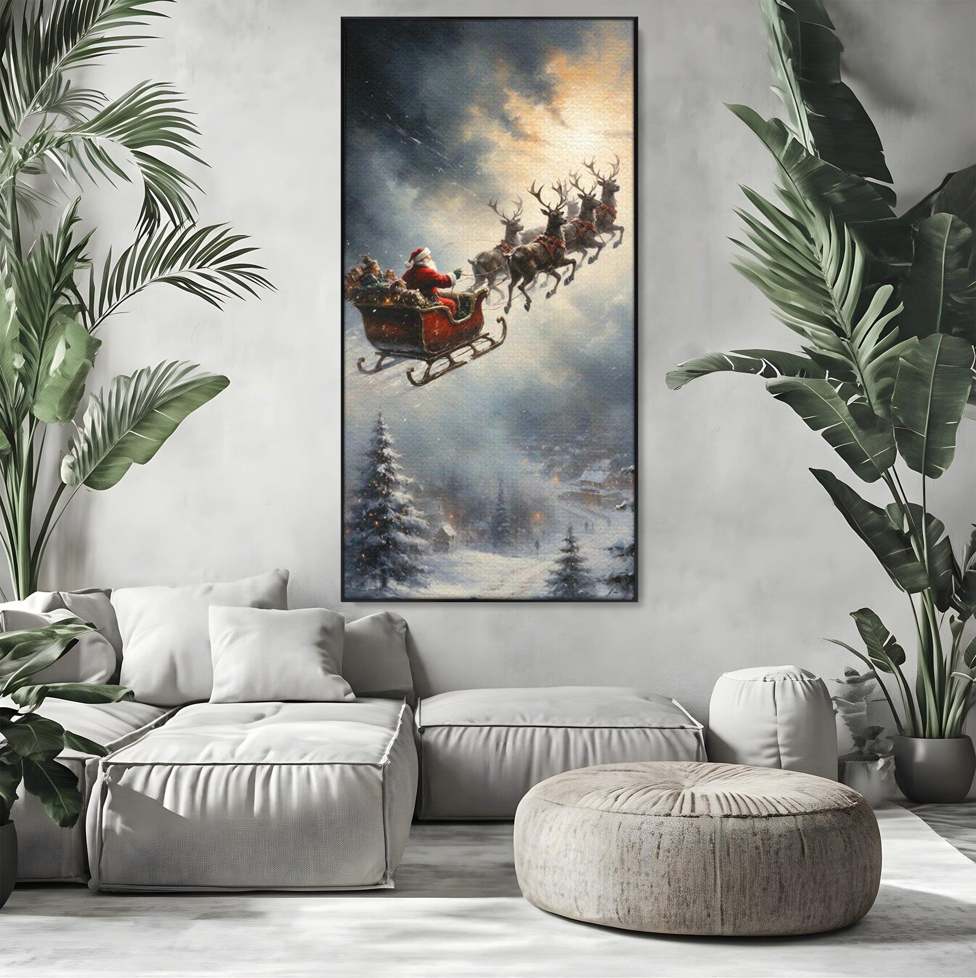 Tablou Canvas Premium LuxCanva® PI1100, Mos Craciun pe Sanie, Daruri, Ajun, Sanie, Reni, Iarna, Peisaj, Living, Sarbatori, Culori Vibrante