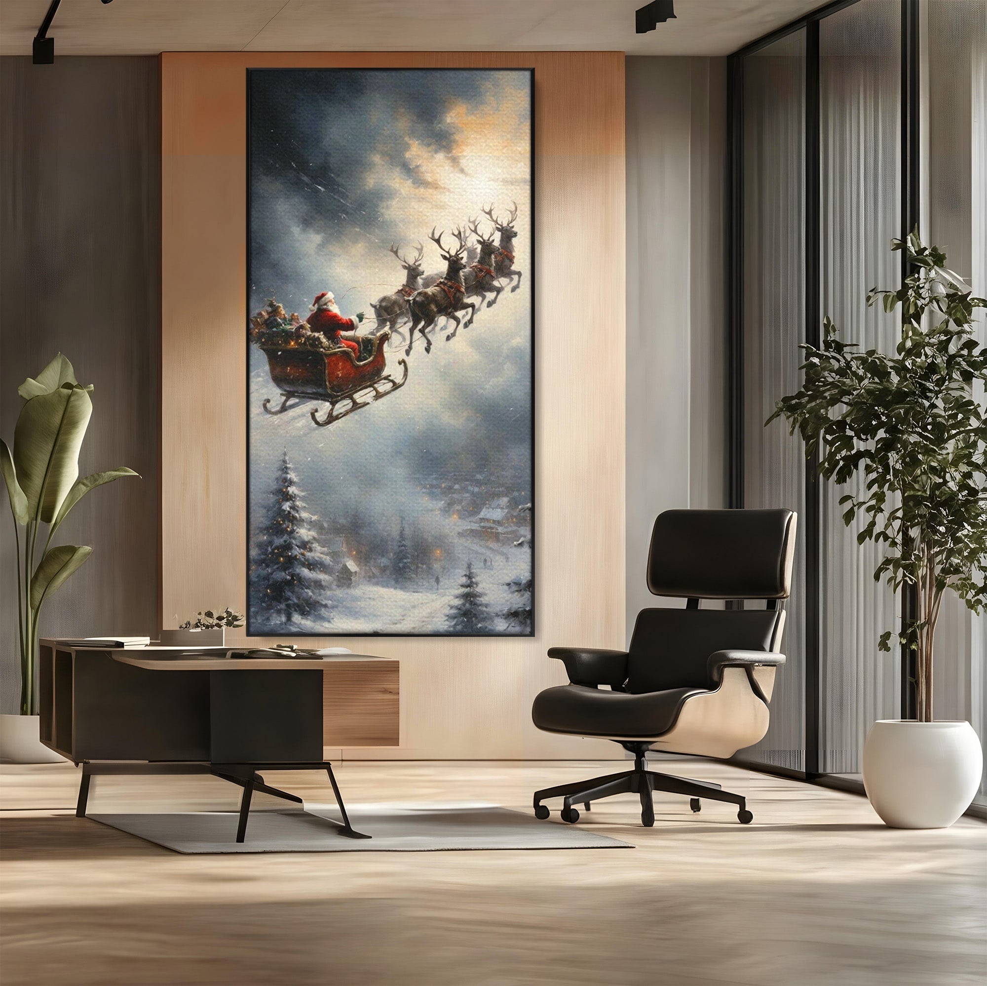 Tablou Canvas Premium LuxCanva® PI1100, Mos Craciun pe Sanie, Daruri, Ajun, Sanie, Reni, Iarna, Peisaj, Living, Sarbatori, Culori Vibrante