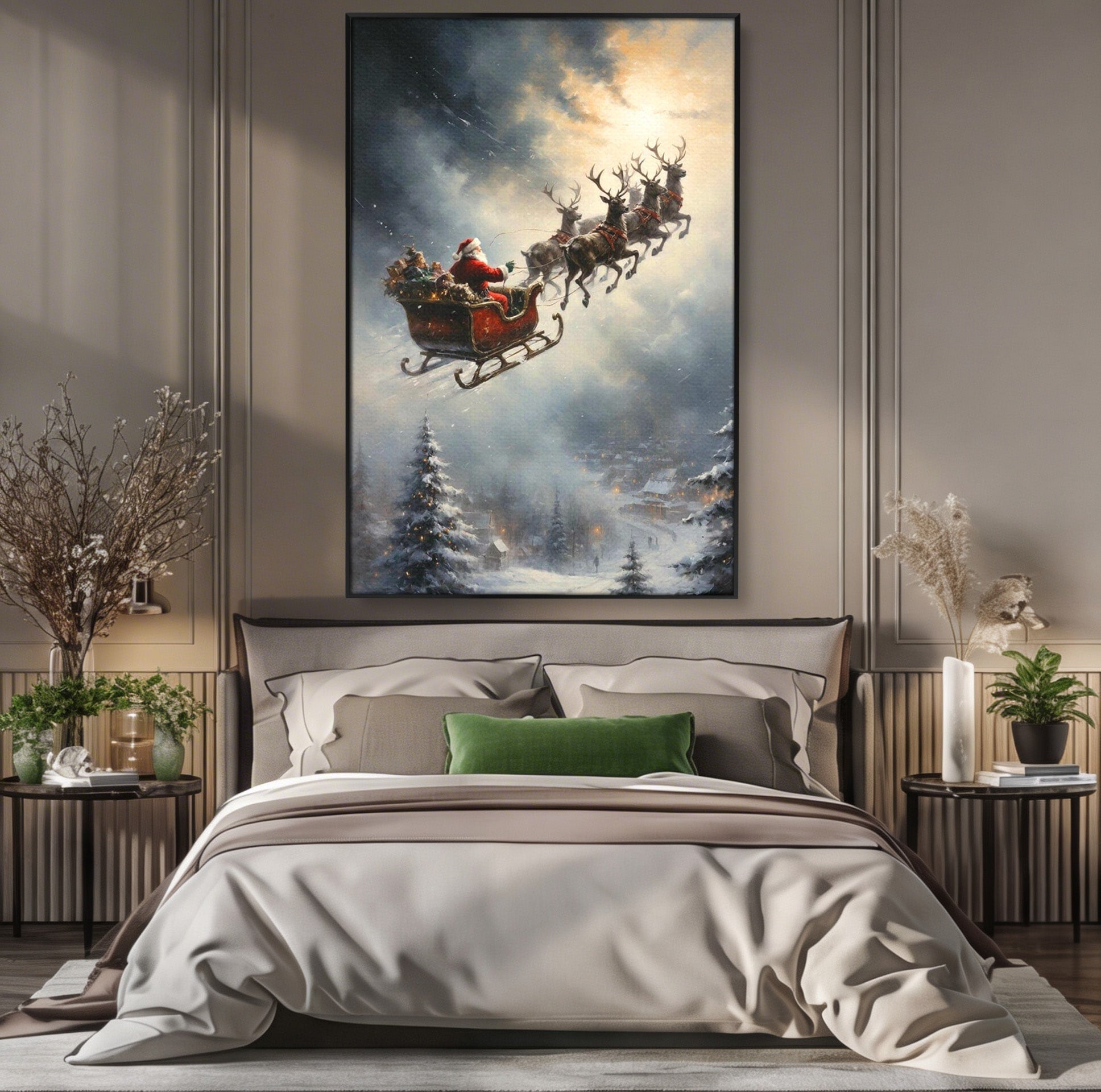 Tablou Canvas Premium LuxCanva® PI1100, Mos Craciun pe Sanie, Daruri, Ajun, Sanie, Reni, Iarna, Peisaj, Living, Sarbatori, Culori Vibrante
