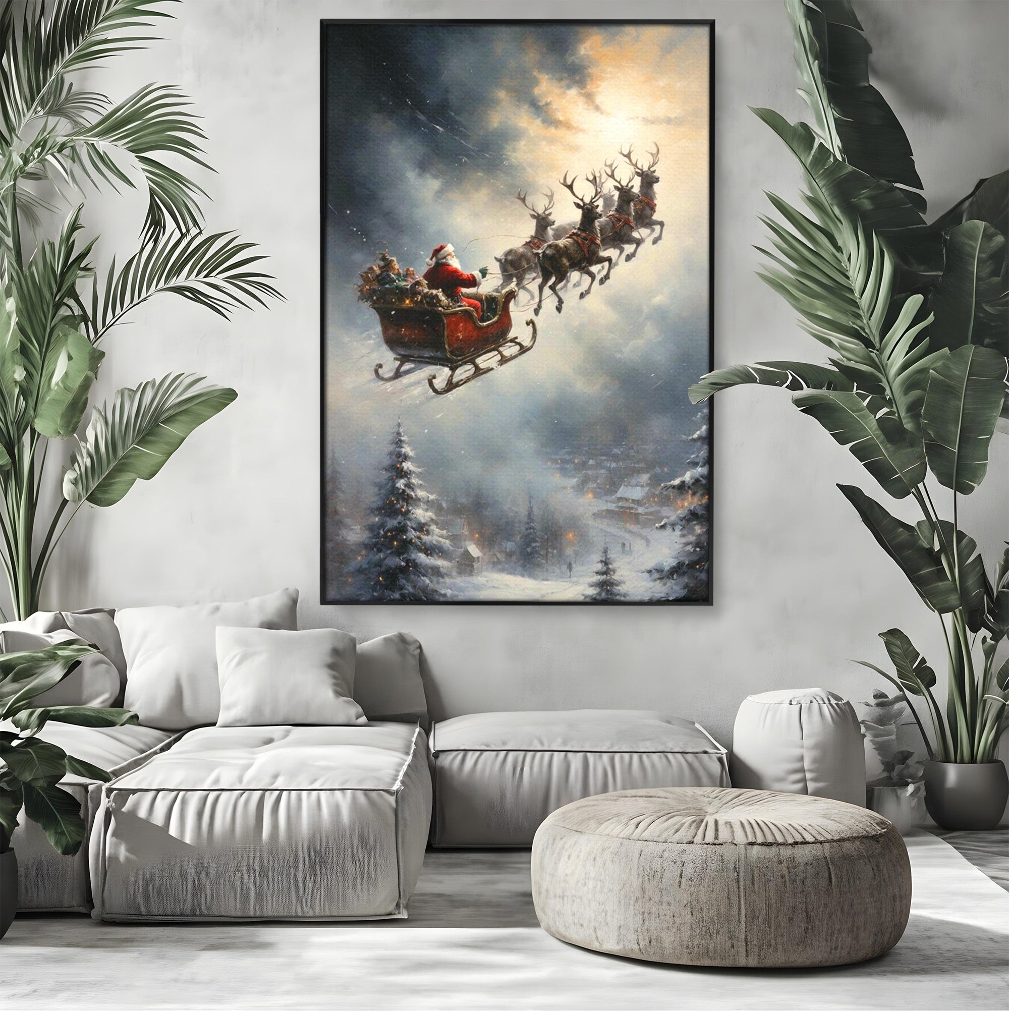 Tablou Canvas Premium LuxCanva® PI1100, Mos Craciun pe Sanie, Daruri, Ajun, Sanie, Reni, Iarna, Peisaj, Living, Sarbatori, Culori Vibrante