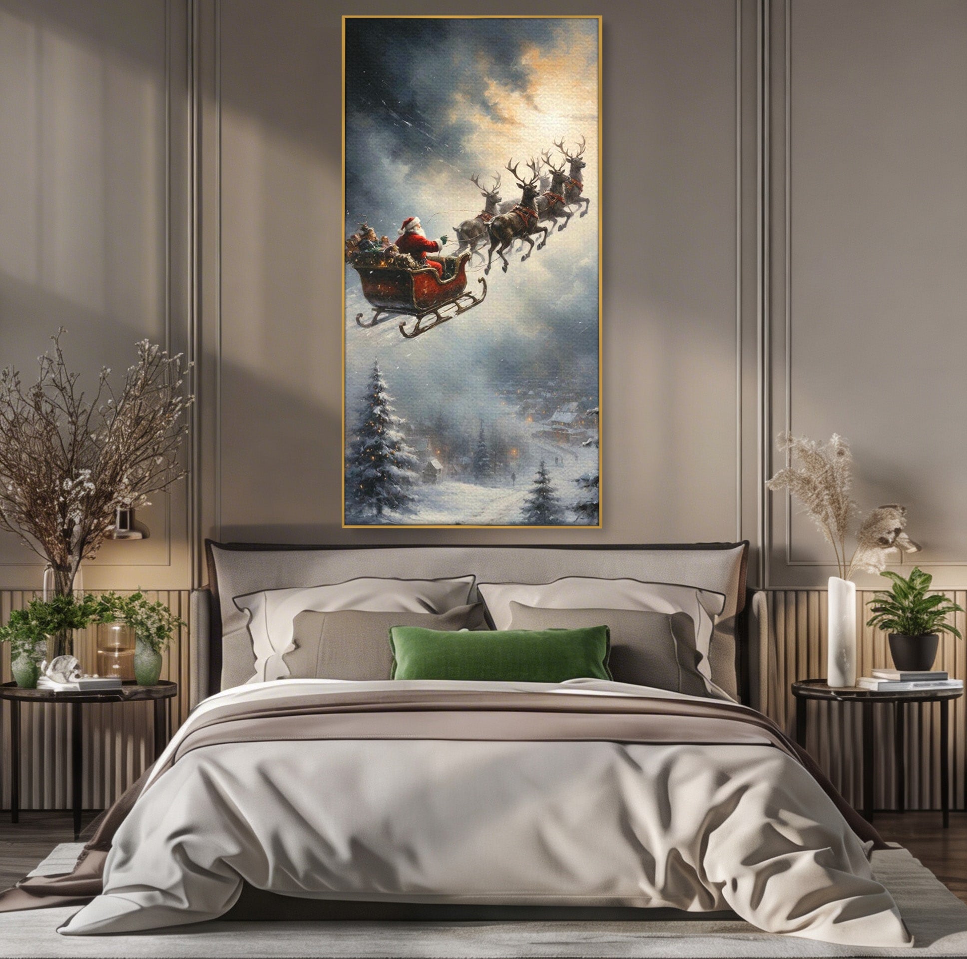 Tablou Canvas Premium LuxCanva® PI1100, Mos Craciun pe Sanie, Daruri, Ajun, Sanie, Reni, Iarna, Peisaj, Living, Sarbatori, Culori Vibrante