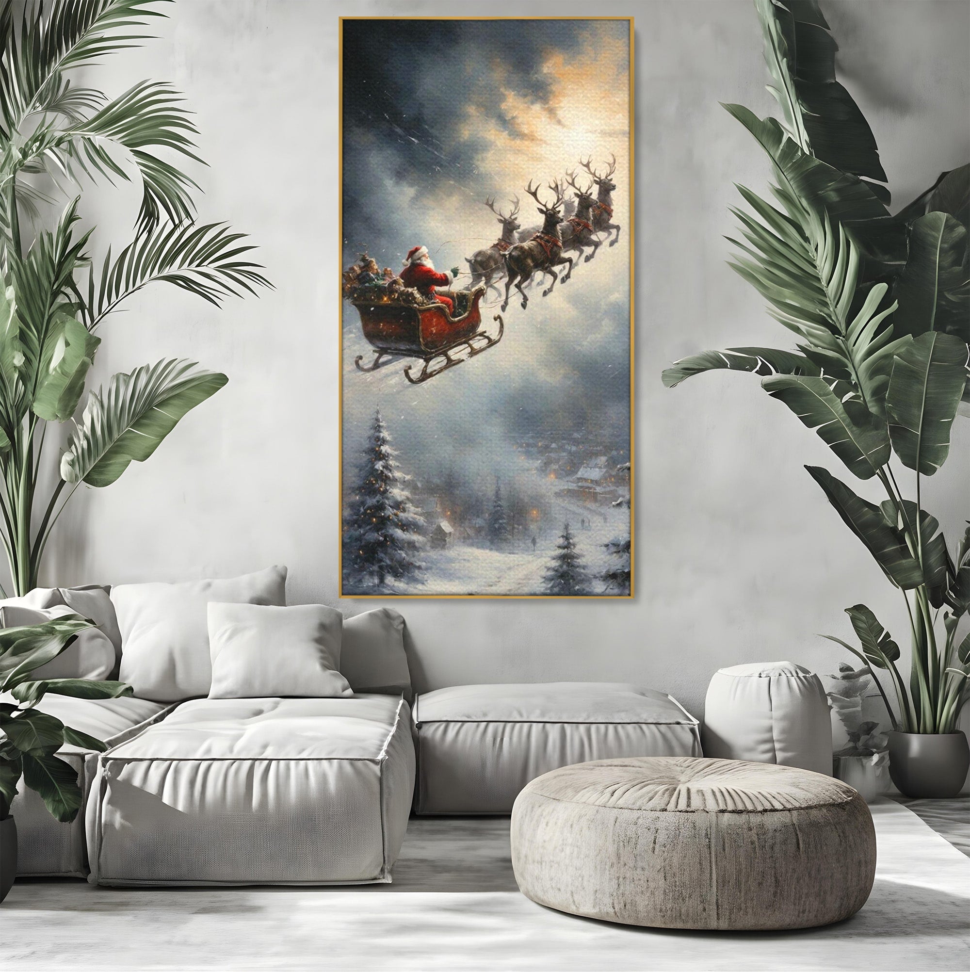 Tablou Canvas Premium LuxCanva® PI1100, Mos Craciun pe Sanie, Daruri, Ajun, Sanie, Reni, Iarna, Peisaj, Living, Sarbatori, Culori Vibrante