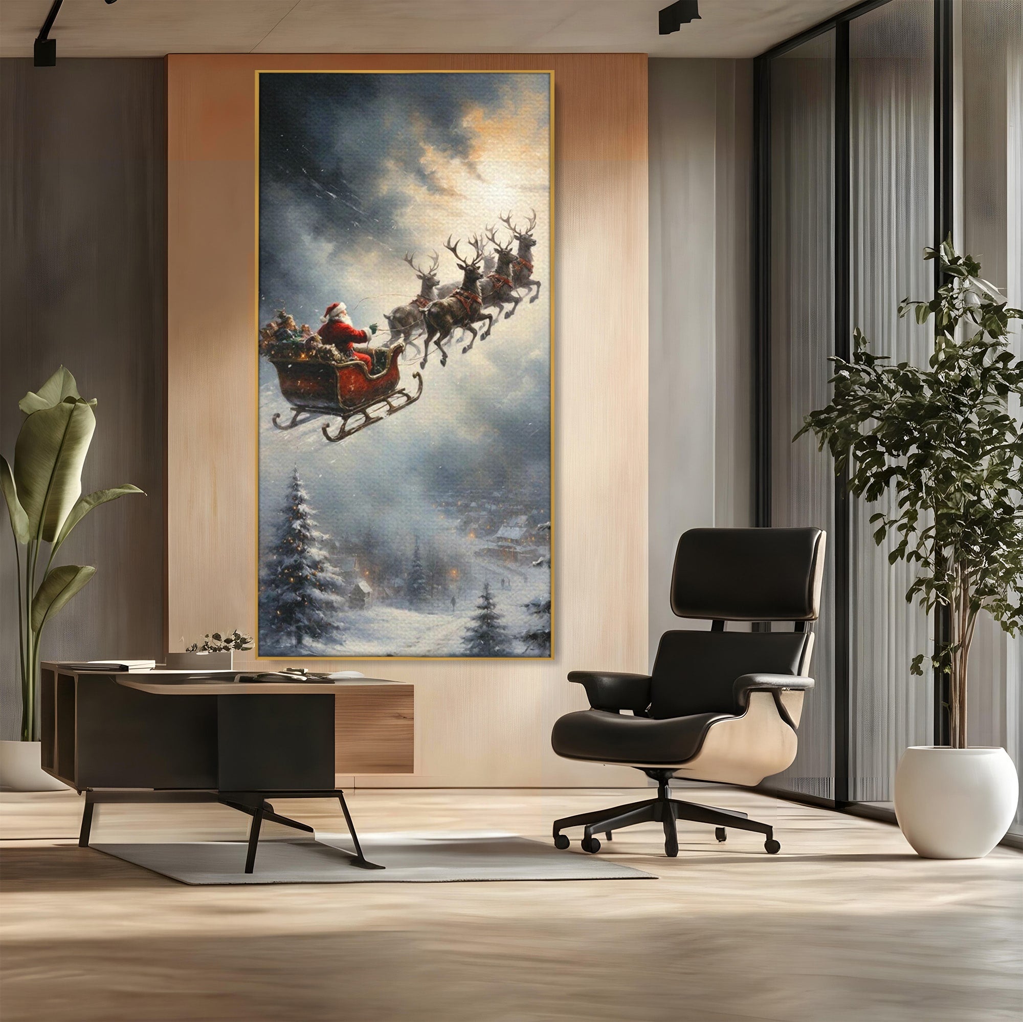 Tablou Canvas Premium LuxCanva® PI1100, Mos Craciun pe Sanie, Daruri, Ajun, Sanie, Reni, Iarna, Peisaj, Living, Sarbatori, Culori Vibrante