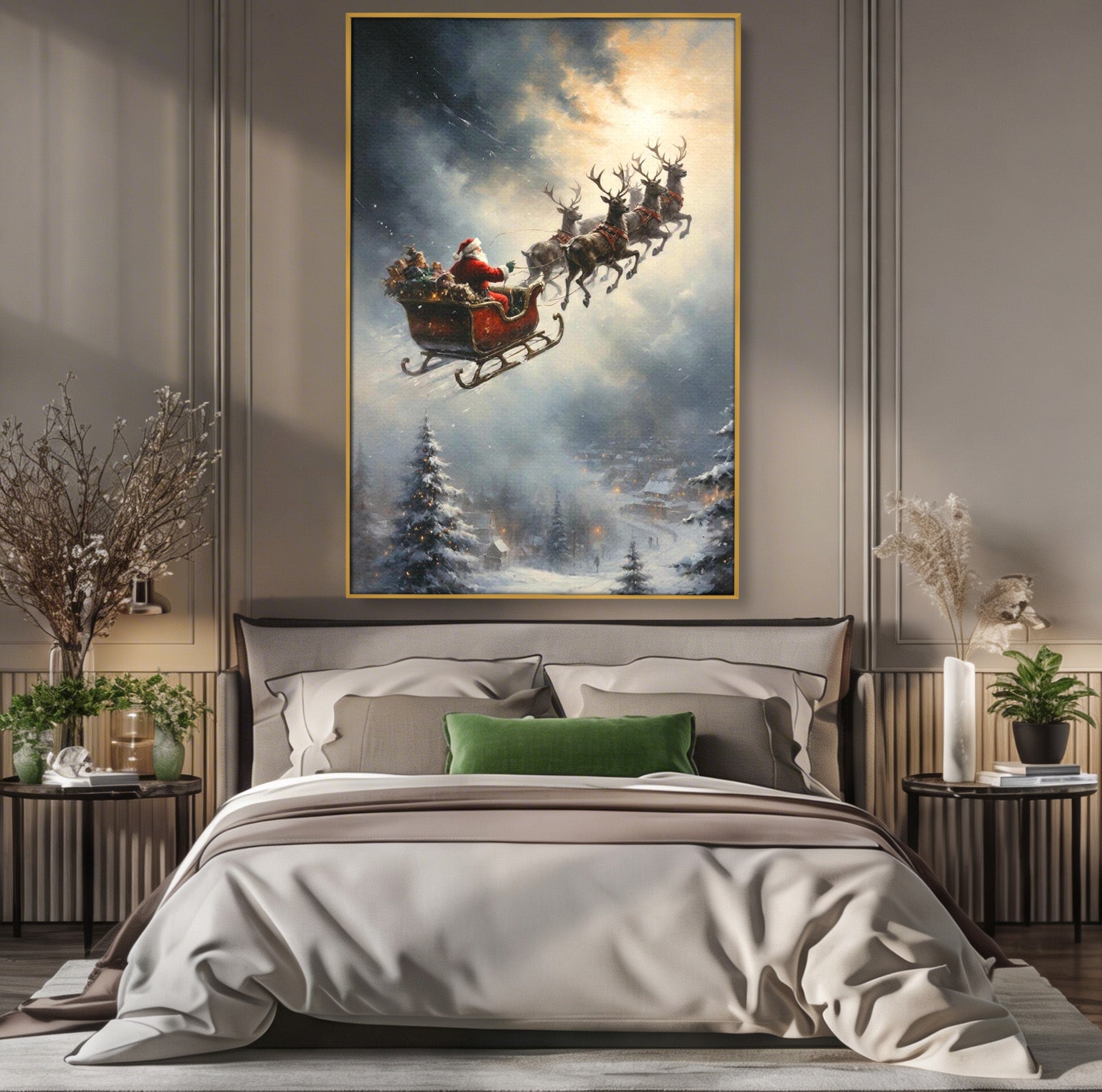 Tablou Canvas Premium LuxCanva® PI1100, Mos Craciun pe Sanie, Daruri, Ajun, Sanie, Reni, Iarna, Peisaj, Living, Sarbatori, Culori Vibrante