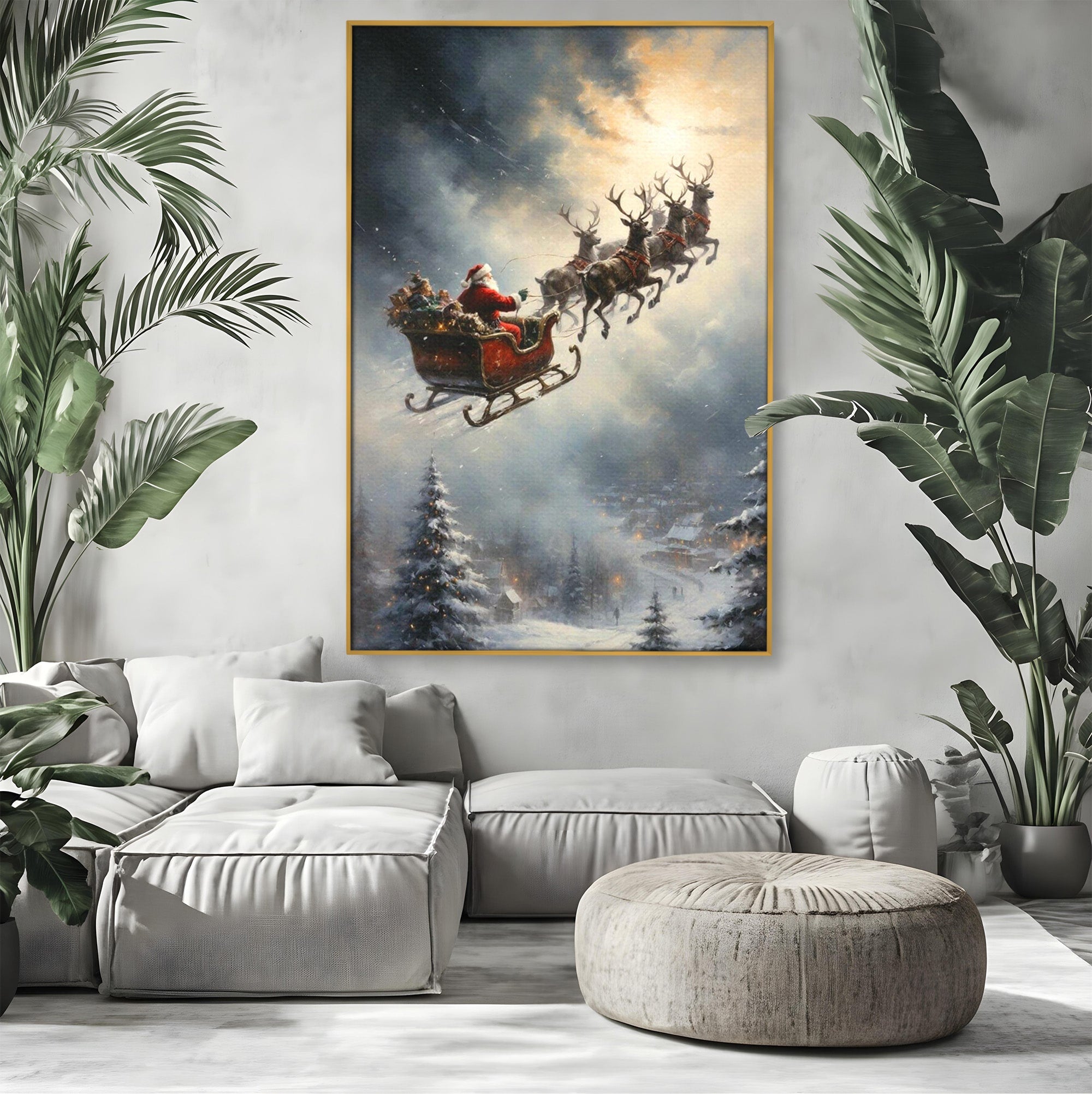 Tablou Canvas Premium LuxCanva® PI1100, Mos Craciun pe Sanie, Daruri, Ajun, Sanie, Reni, Iarna, Peisaj, Living, Sarbatori, Culori Vibrante
