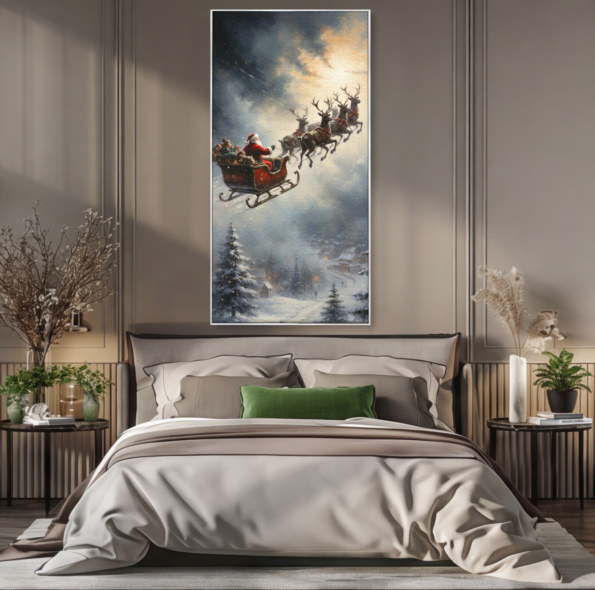 Tablou Canvas Premium LuxCanva® PI1100, Mos Craciun pe Sanie, Daruri, Ajun, Sanie, Reni, Iarna, Peisaj, Living, Sarbatori, Culori Vibrante