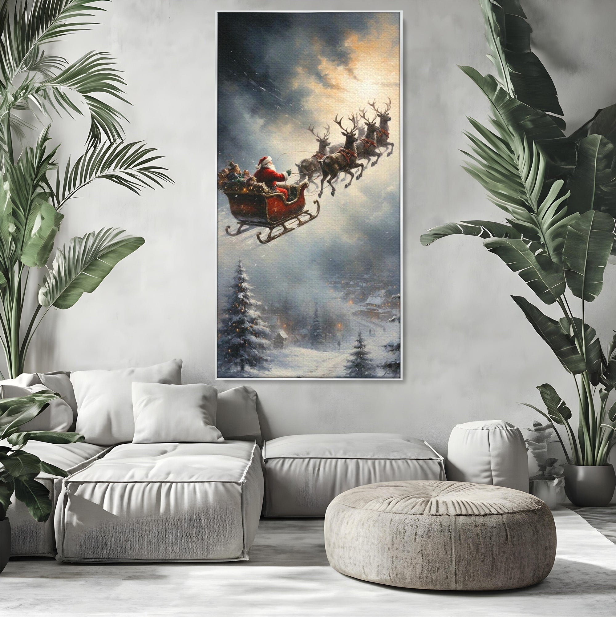 Tablou Canvas Premium LuxCanva® PI1100, Mos Craciun pe Sanie, Daruri, Ajun, Sanie, Reni, Iarna, Peisaj, Living, Sarbatori, Culori Vibrante