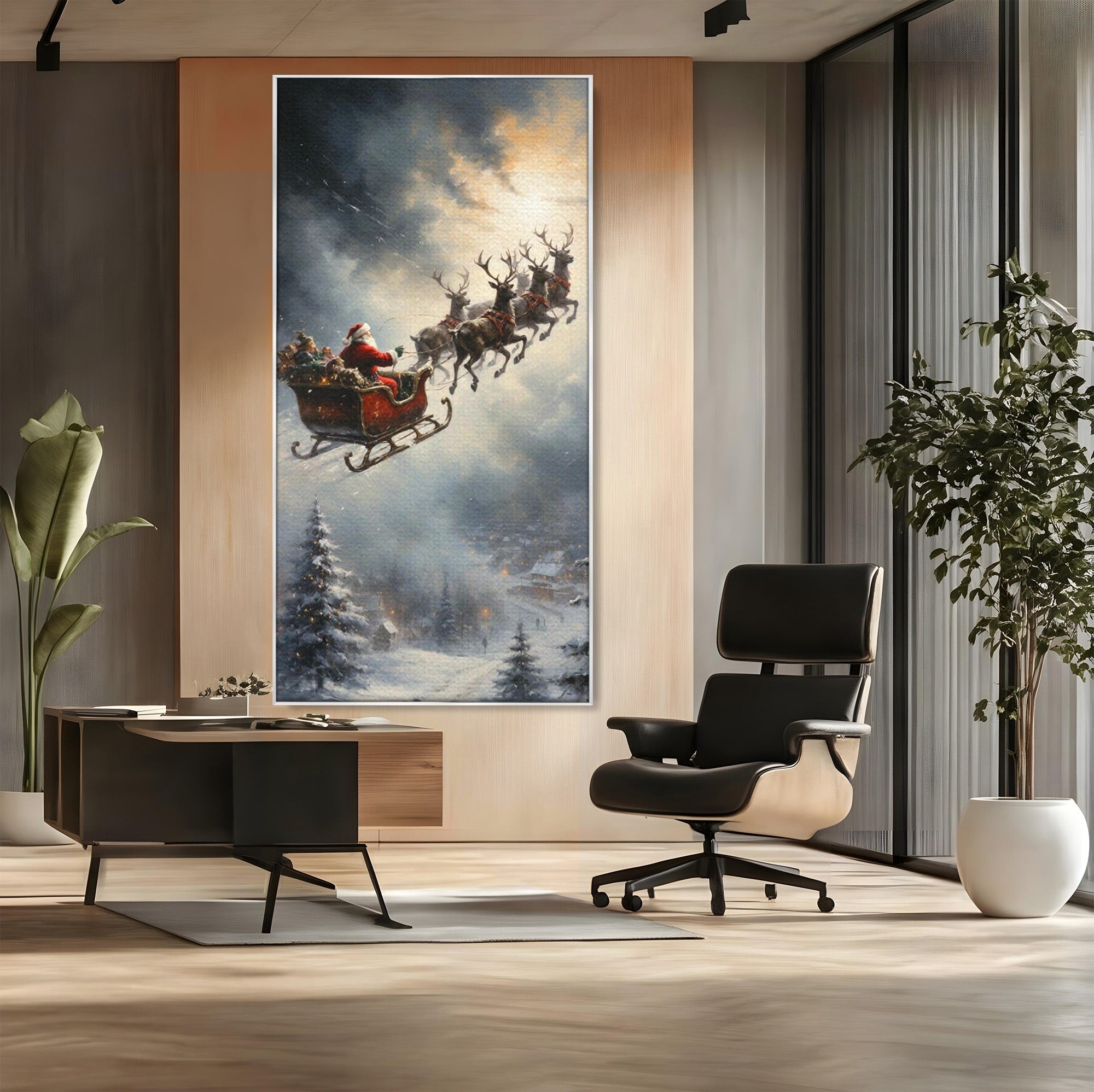Tablou Canvas Premium LuxCanva® PI1100, Mos Craciun pe Sanie, Daruri, Ajun, Sanie, Reni, Iarna, Peisaj, Living, Sarbatori, Culori Vibrante