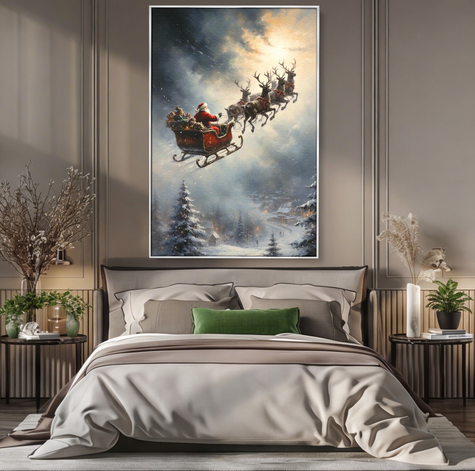 Tablou Canvas Premium LuxCanva® PI1100, Mos Craciun pe Sanie, Daruri, Ajun, Sanie, Reni, Iarna, Peisaj, Living, Sarbatori, Culori Vibrante
