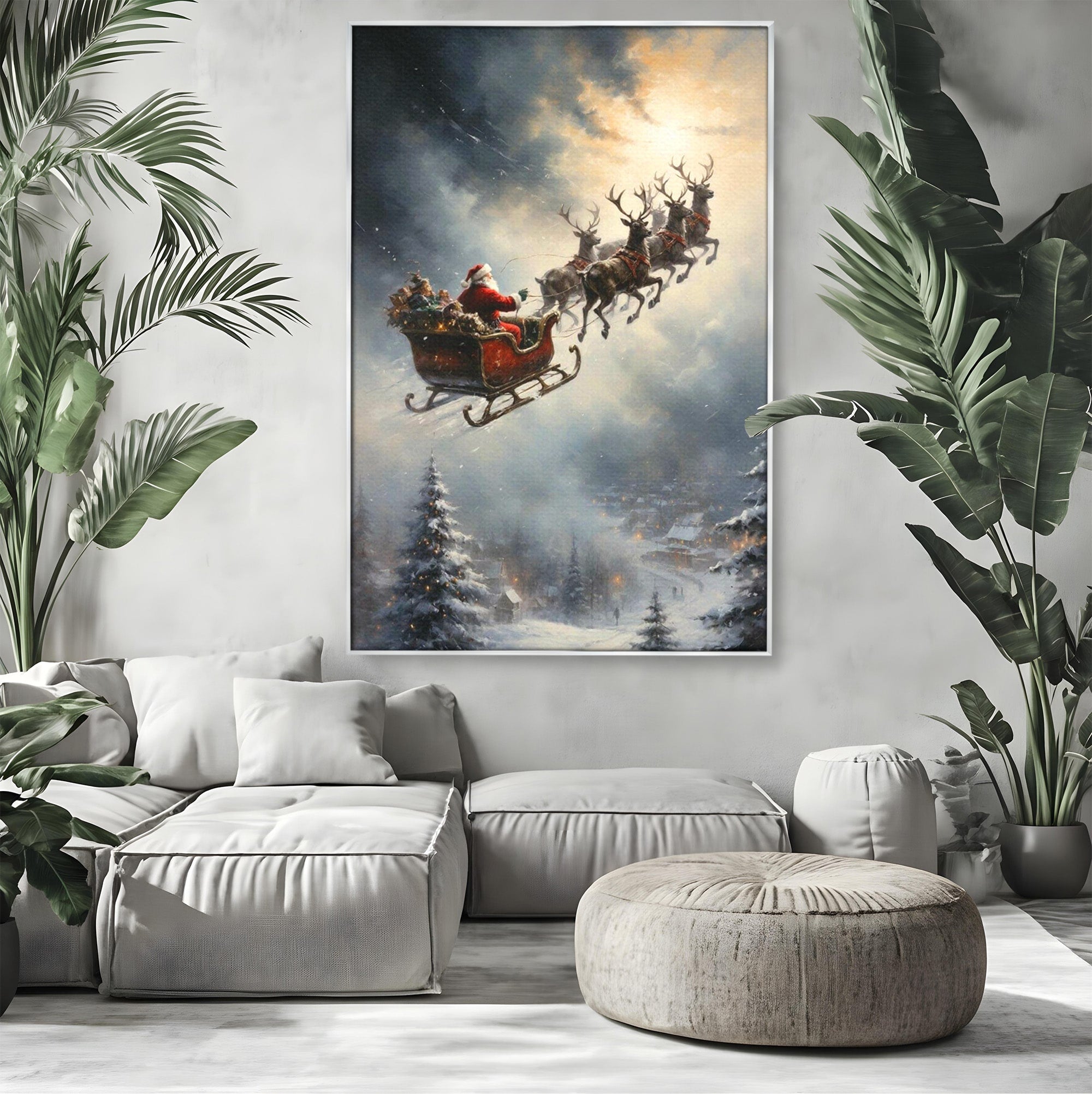 Tablou Canvas Premium LuxCanva® PI1100, Mos Craciun pe Sanie, Daruri, Ajun, Sanie, Reni, Iarna, Peisaj, Living, Sarbatori, Culori Vibrante