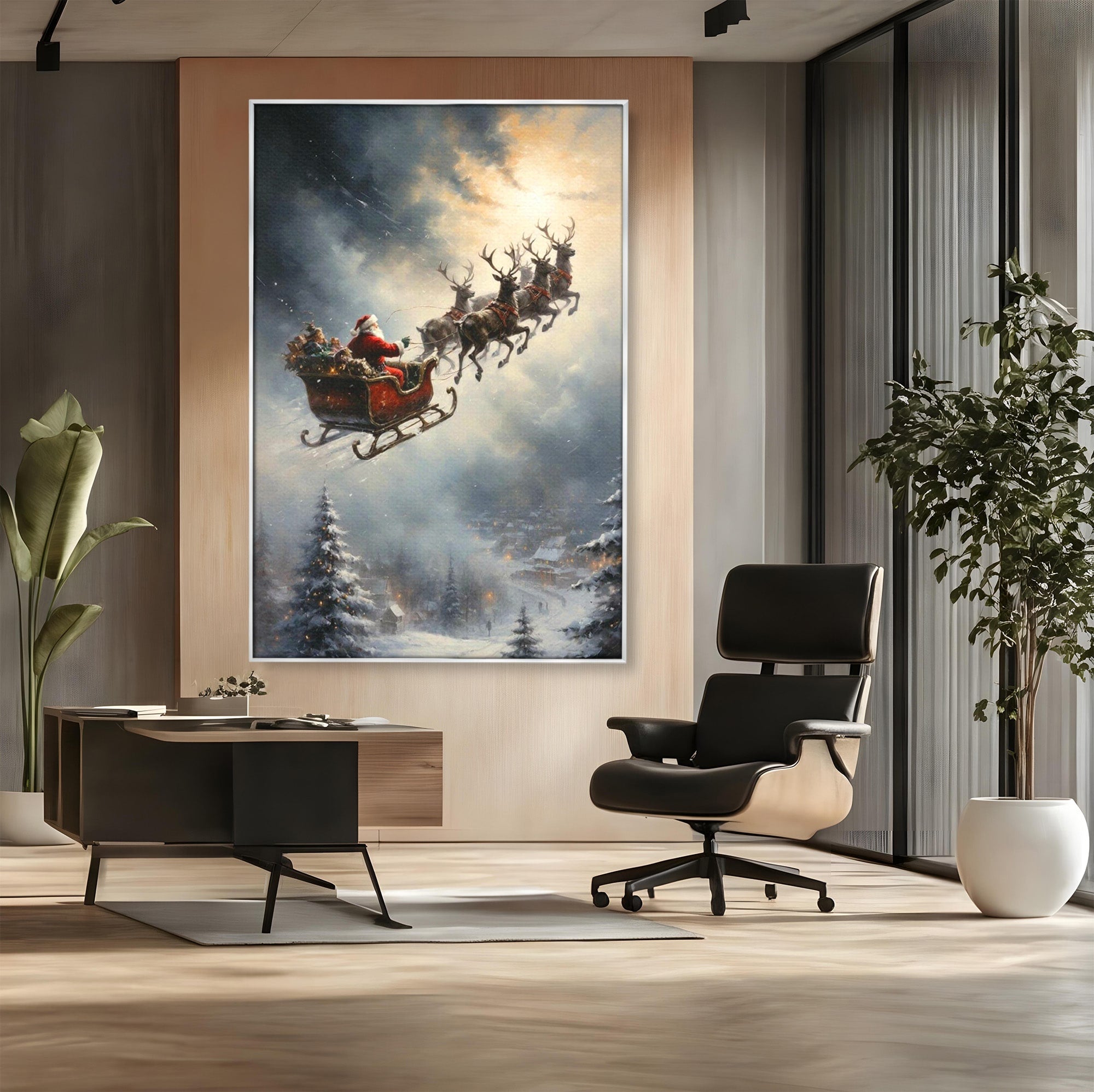 Tablou Canvas Premium LuxCanva® PI1100, Mos Craciun pe Sanie, Daruri, Ajun, Sanie, Reni, Iarna, Peisaj, Living, Sarbatori, Culori Vibrante