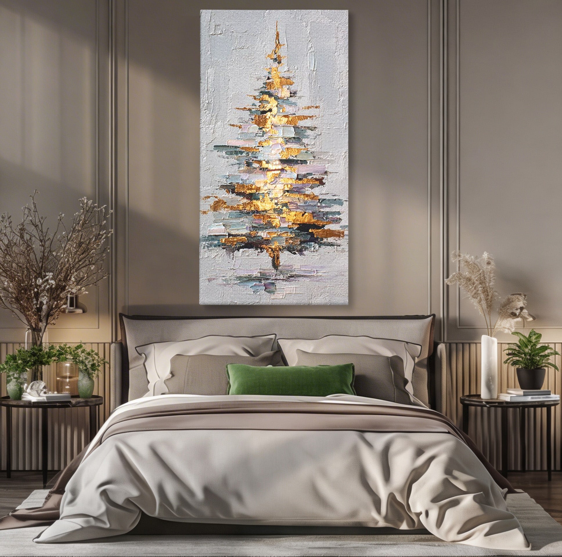 Tablou Canvas Premium LuxCanva® PI1103, Brad Abstract Aurit, Decor, Abstract, Auriu, Iarna, Living, Culori Vibrante