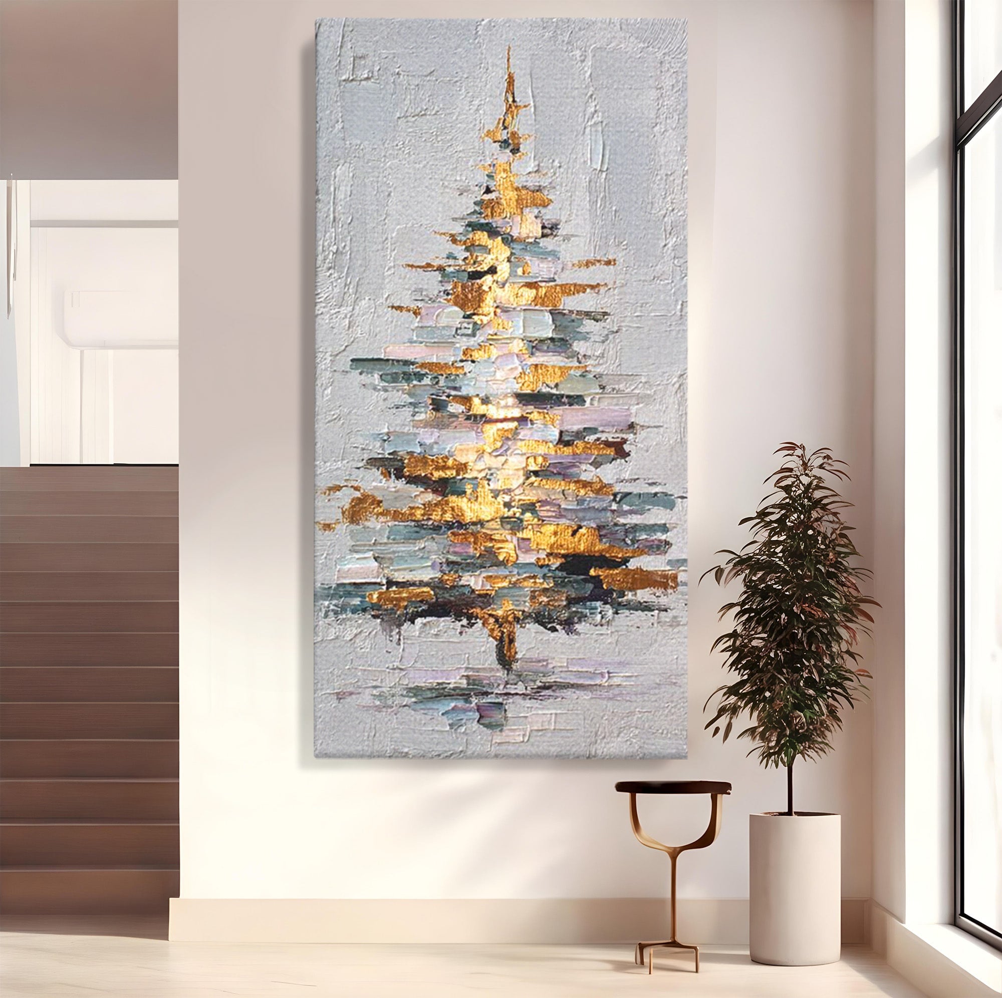 Tablou Canvas Premium LuxCanva® PI1103, Brad Abstract Aurit, Decor, Abstract, Auriu, Iarna, Living, Culori Vibrante