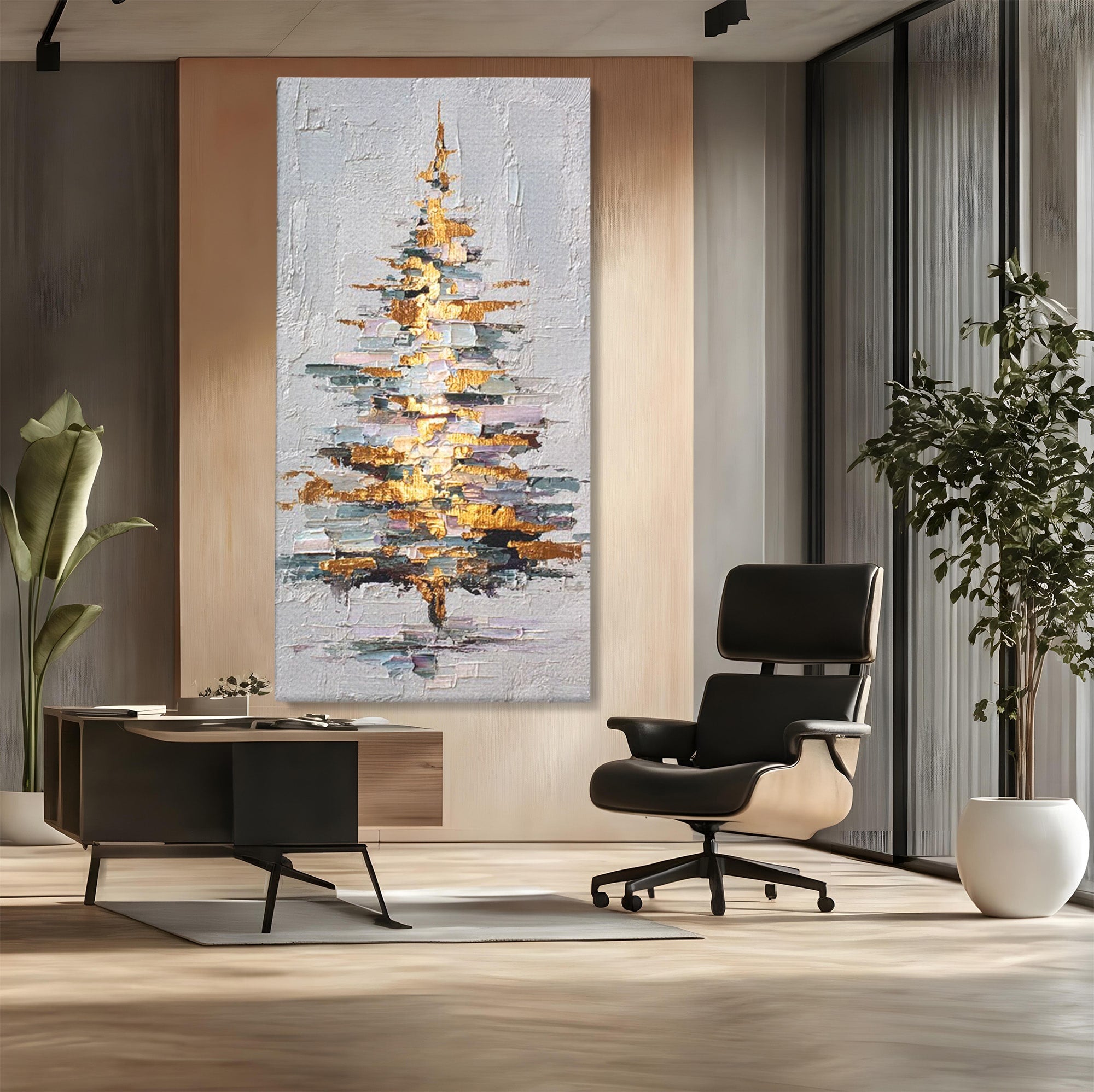 Tablou Canvas Premium LuxCanva® PI1103, Brad Abstract Aurit, Decor, Abstract, Auriu, Iarna, Living, Culori Vibrante