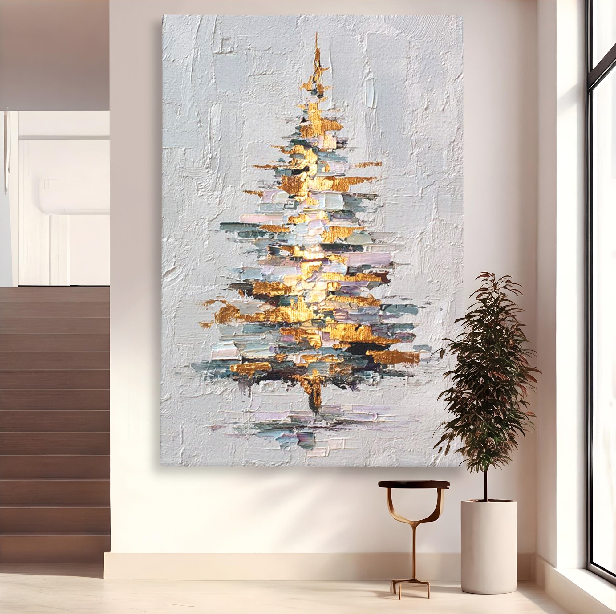 Tablou Canvas Premium LuxCanva® PI1103, Brad Abstract Aurit, Decor, Abstract, Auriu, Iarna, Living, Culori Vibrante