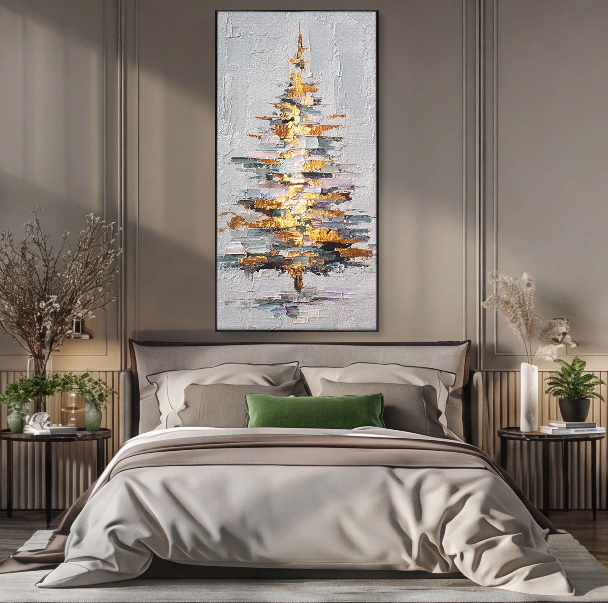 Tablou Canvas Premium LuxCanva® PI1103, Brad Abstract Aurit, Decor, Abstract, Auriu, Iarna, Living, Culori Vibrante