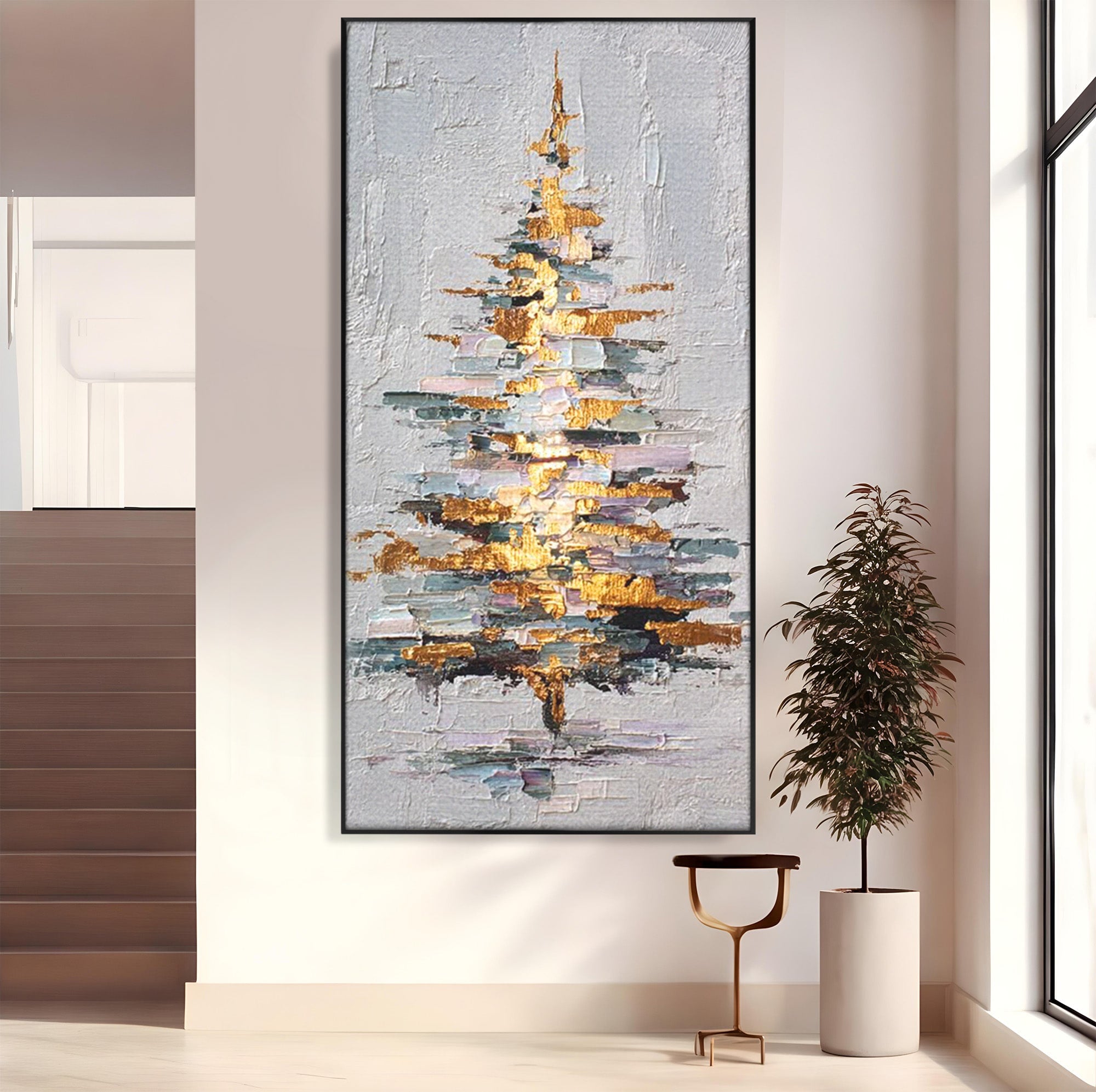 Tablou Canvas Premium LuxCanva® PI1103, Brad Abstract Aurit, Decor, Abstract, Auriu, Iarna, Living, Culori Vibrante