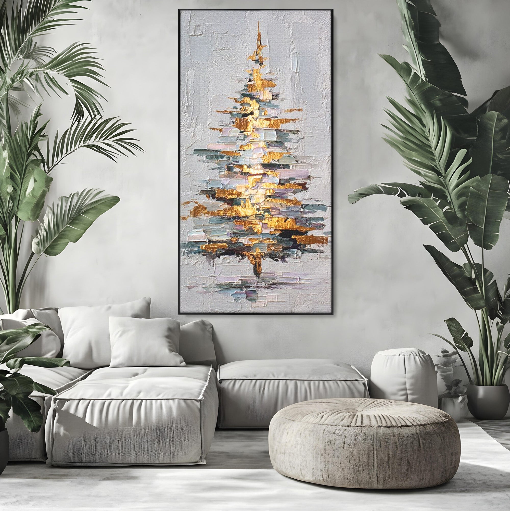 Tablou Canvas Premium LuxCanva® PI1103, Brad Abstract Aurit, Decor, Abstract, Auriu, Iarna, Living, Culori Vibrante