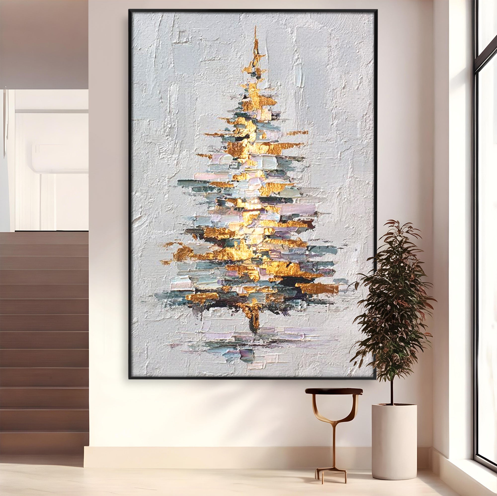 Tablou Canvas Premium LuxCanva® PI1103, Brad Abstract Aurit, Decor, Abstract, Auriu, Iarna, Living, Culori Vibrante