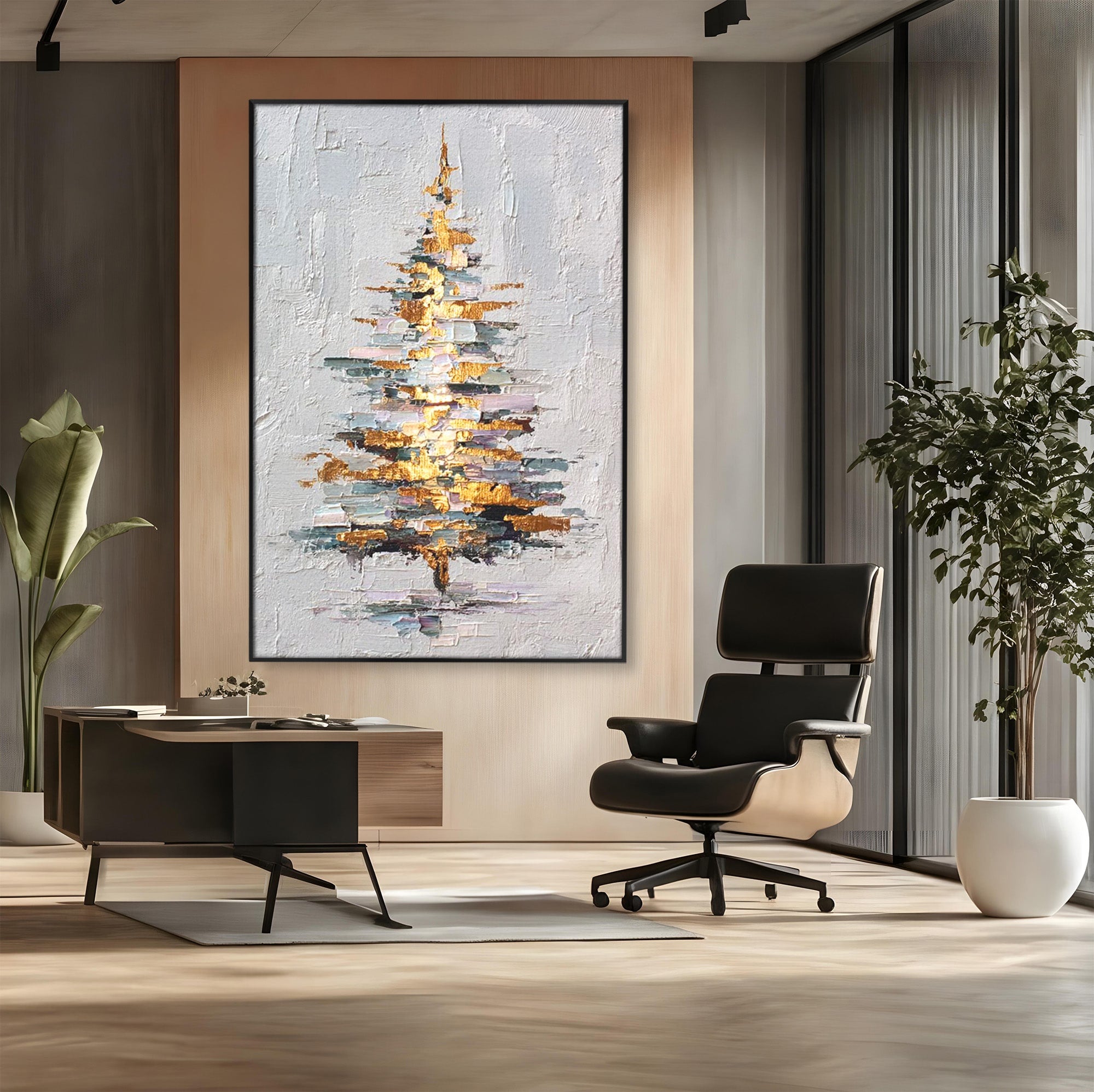 Tablou Canvas Premium LuxCanva® PI1103, Brad Abstract Aurit, Decor, Abstract, Auriu, Iarna, Living, Culori Vibrante