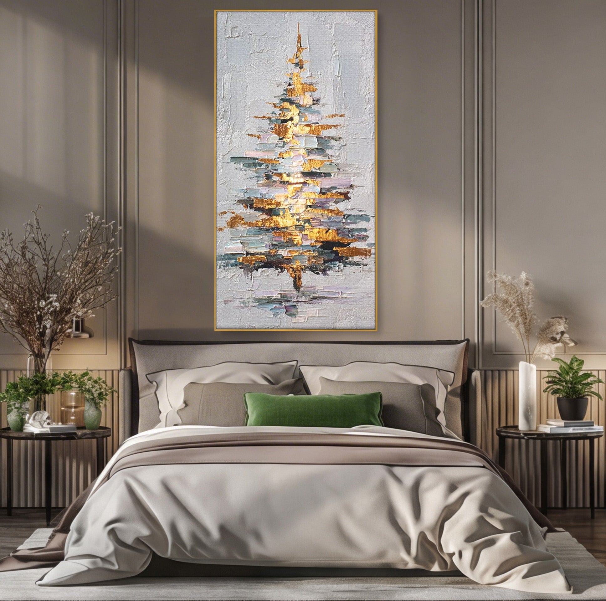 Tablou Canvas Premium LuxCanva® PI1103, Brad Abstract Aurit, Decor, Abstract, Auriu, Iarna, Living, Culori Vibrante