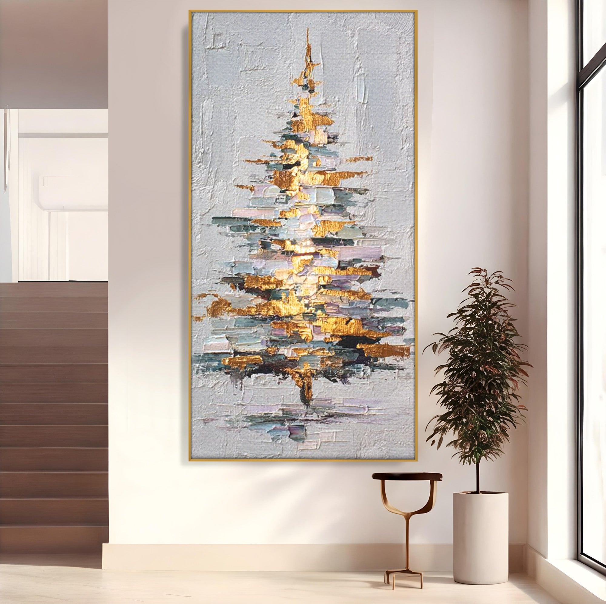Tablou Canvas Premium LuxCanva® PI1103, Brad Abstract Aurit, Decor, Abstract, Auriu, Iarna, Living, Culori Vibrante