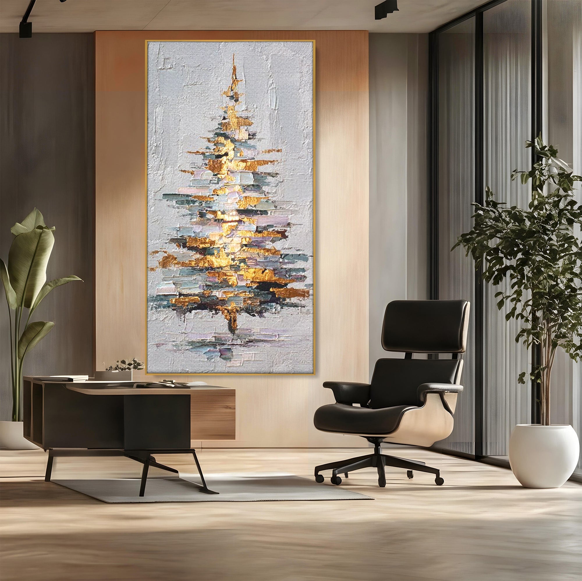 Tablou Canvas Premium LuxCanva® PI1103, Brad Abstract Aurit, Decor, Abstract, Auriu, Iarna, Living, Culori Vibrante