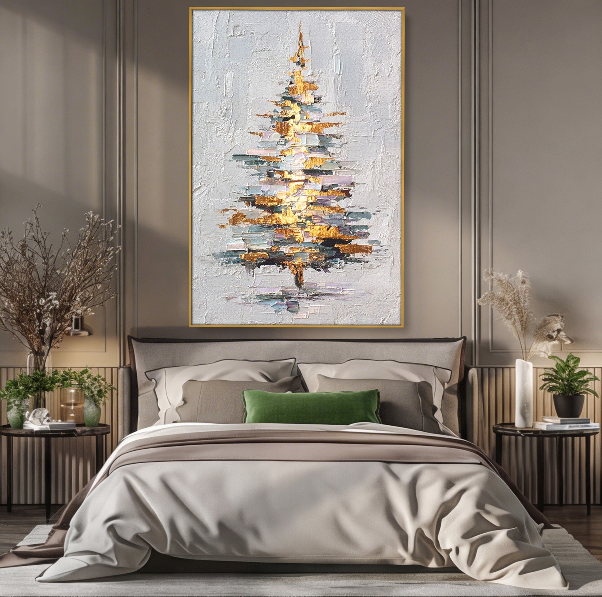 Tablou Canvas Premium LuxCanva® PI1103, Brad Abstract Aurit, Decor, Abstract, Auriu, Iarna, Living, Culori Vibrante