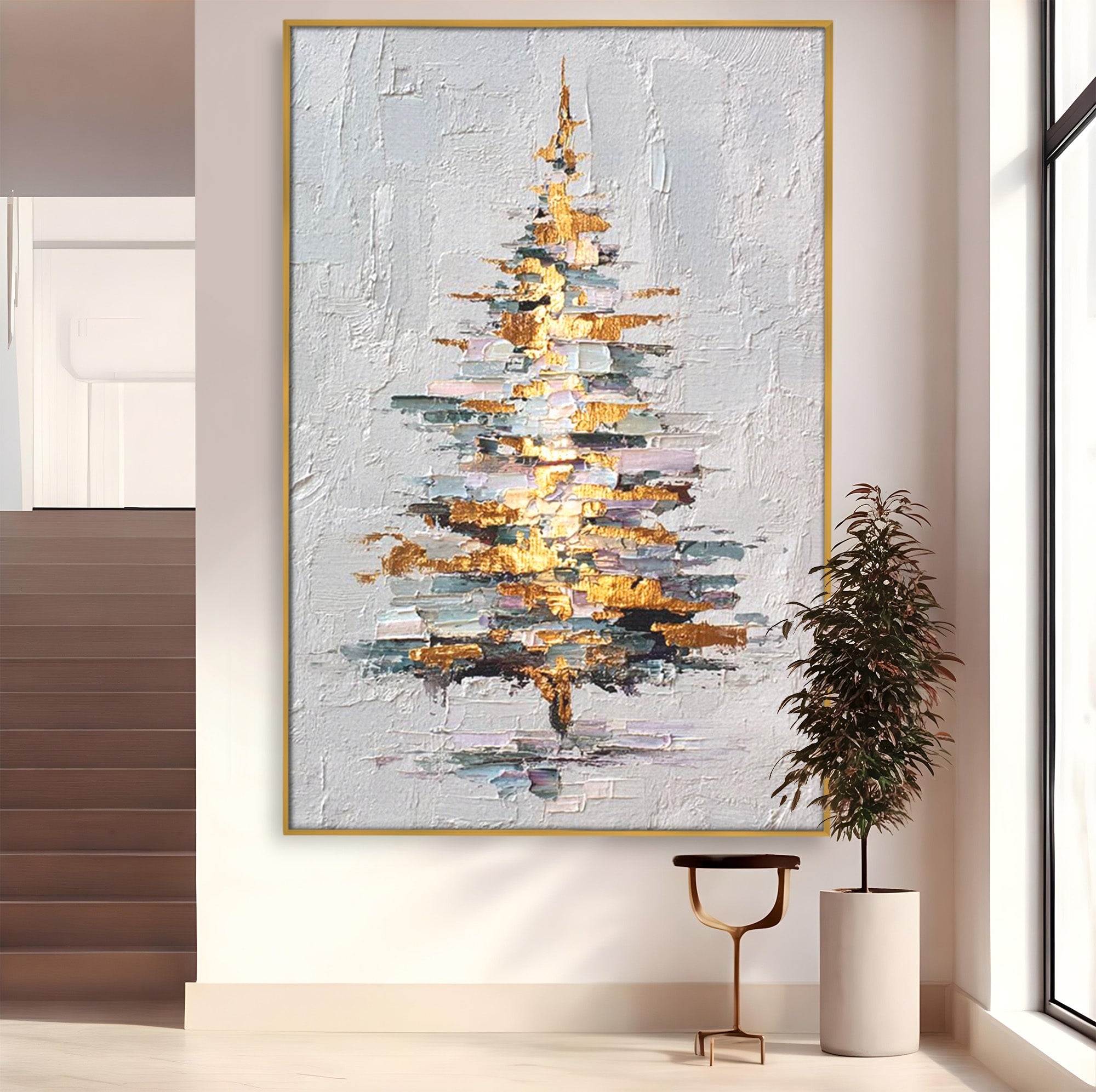 Tablou Canvas Premium LuxCanva® PI1103, Brad Abstract Aurit, Decor, Abstract, Auriu, Iarna, Living, Culori Vibrante