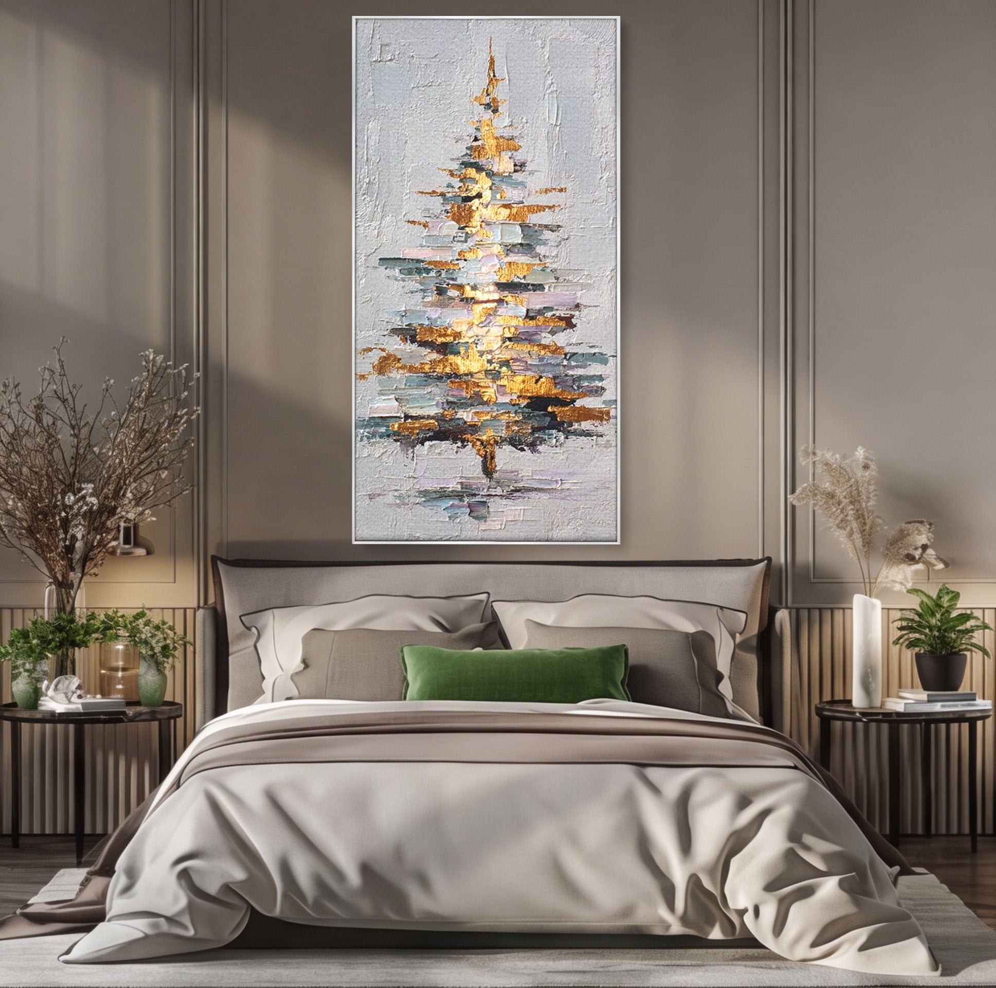 Tablou Canvas Premium LuxCanva® PI1103, Brad Abstract Aurit, Decor, Abstract, Auriu, Iarna, Living, Culori Vibrante