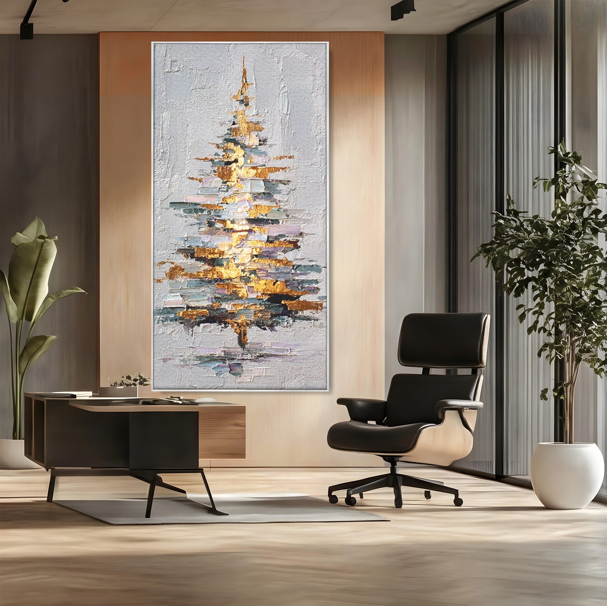 Tablou Canvas Premium LuxCanva® PI1103, Brad Abstract Aurit, Decor, Abstract, Auriu, Iarna, Living, Culori Vibrante