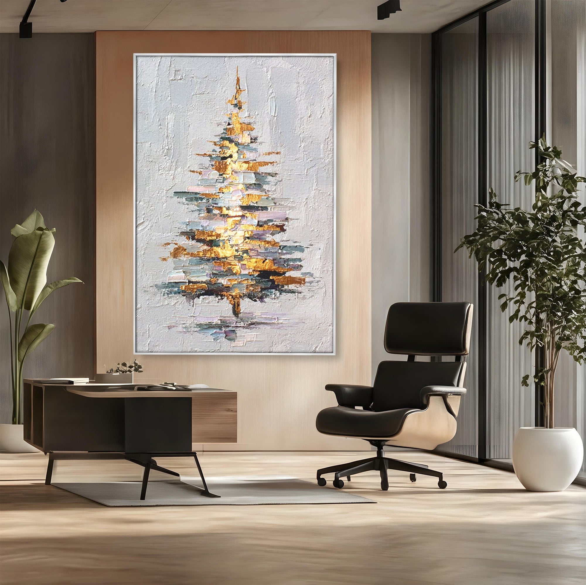 Tablou Canvas Premium LuxCanva® PI1103, Brad Abstract Aurit, Decor, Abstract, Auriu, Iarna, Living, Culori Vibrante