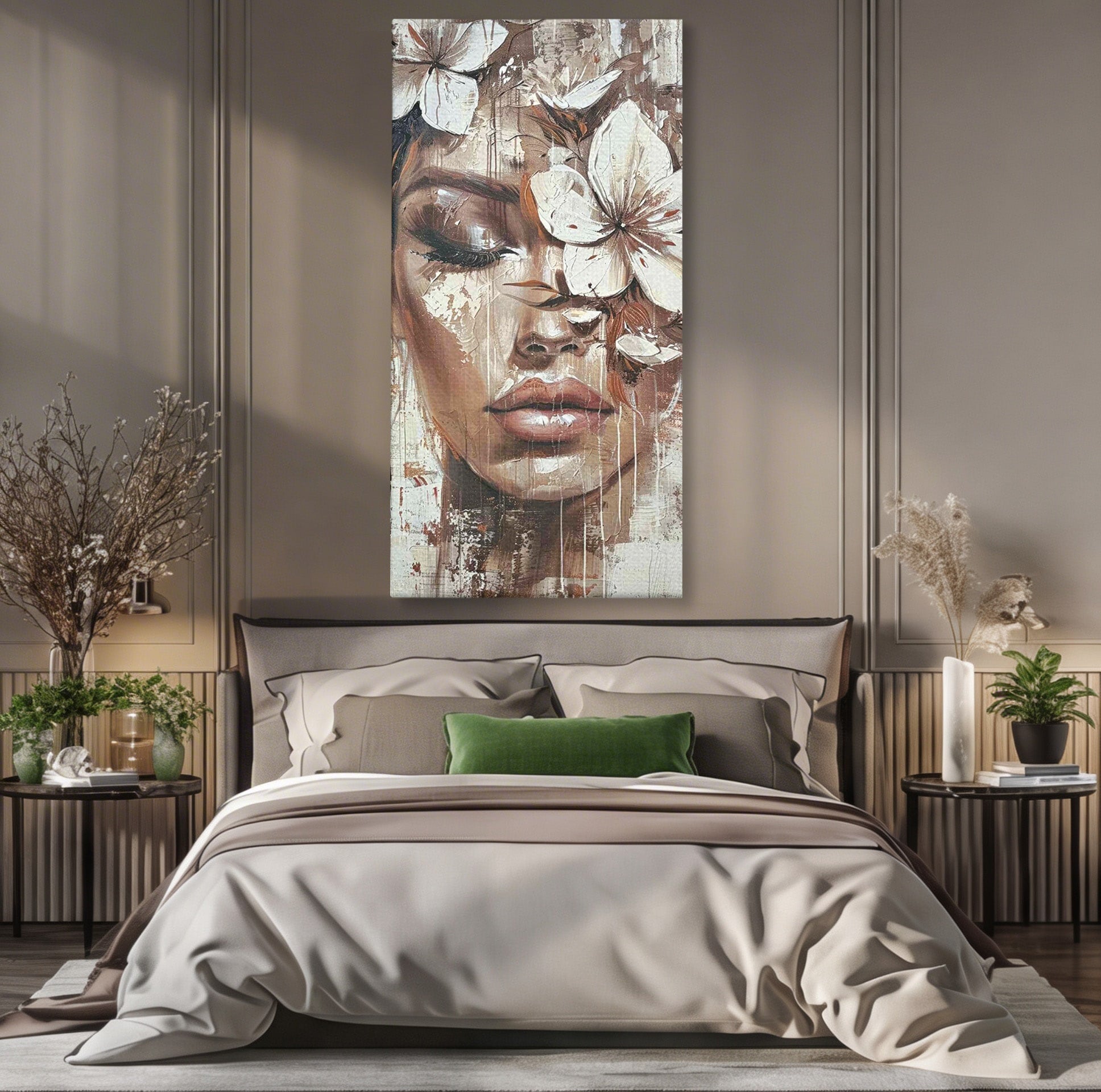 Tablou Canvas Premium LuxCanva® PI1104, Portret Cu Flori, Mister, Feminin, Flori, Living, Arta, Culori Vibrante